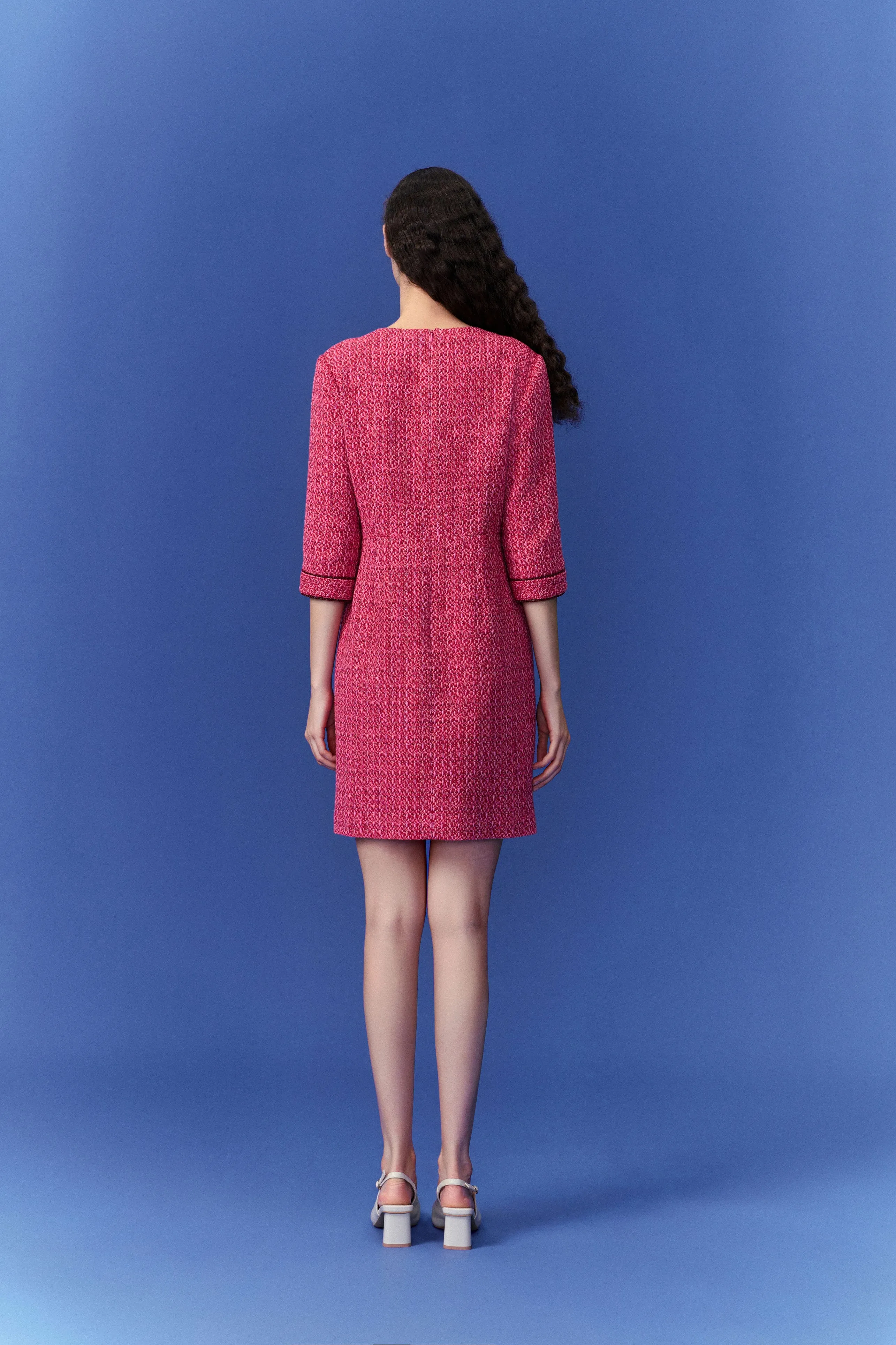 Fuchsia Pink Patch-Pocket Tweed Dress ShapeRetentionCloth Boho Light