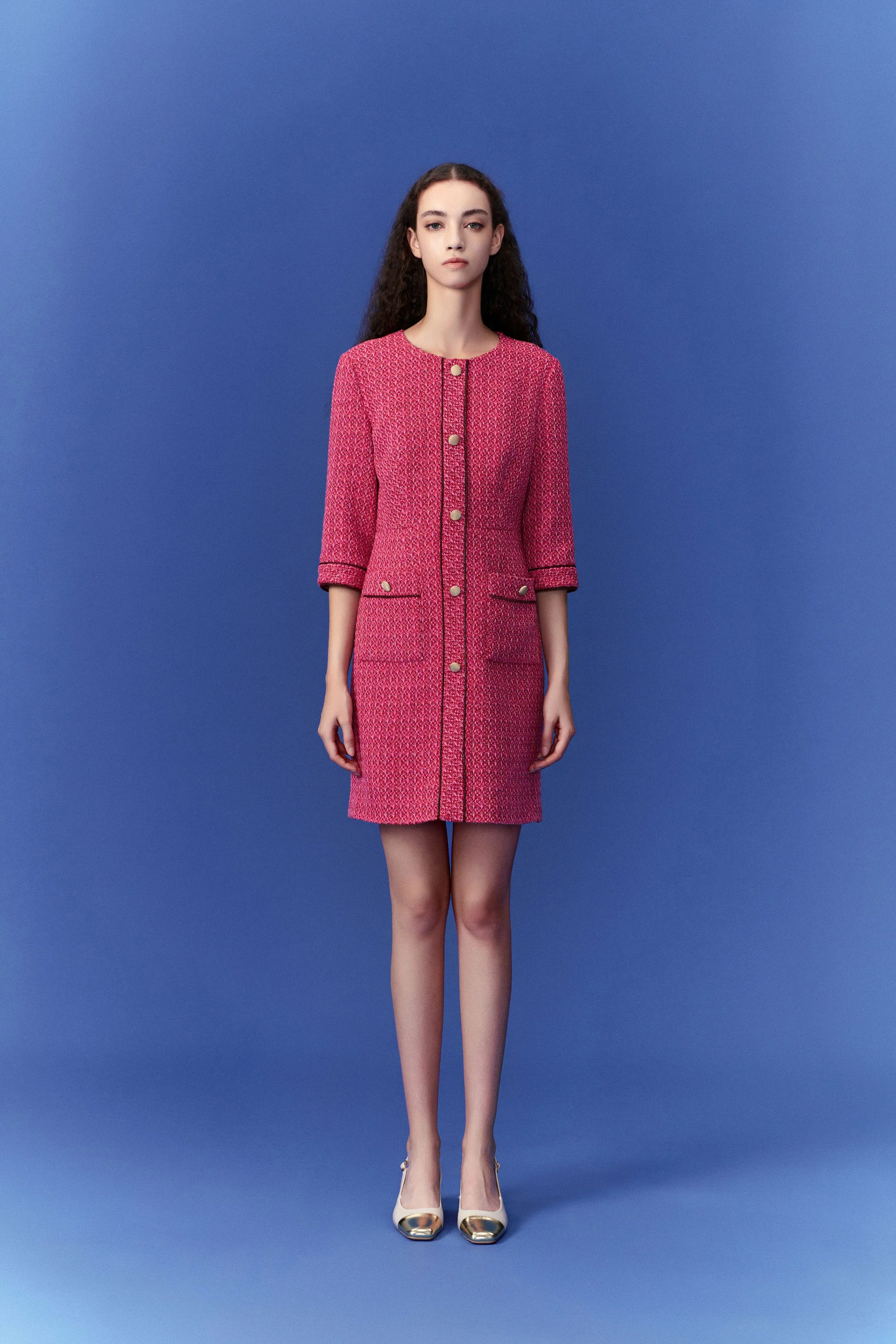 Fuchsia Pink Patch-Pocket Tweed Dress TaglessDesign