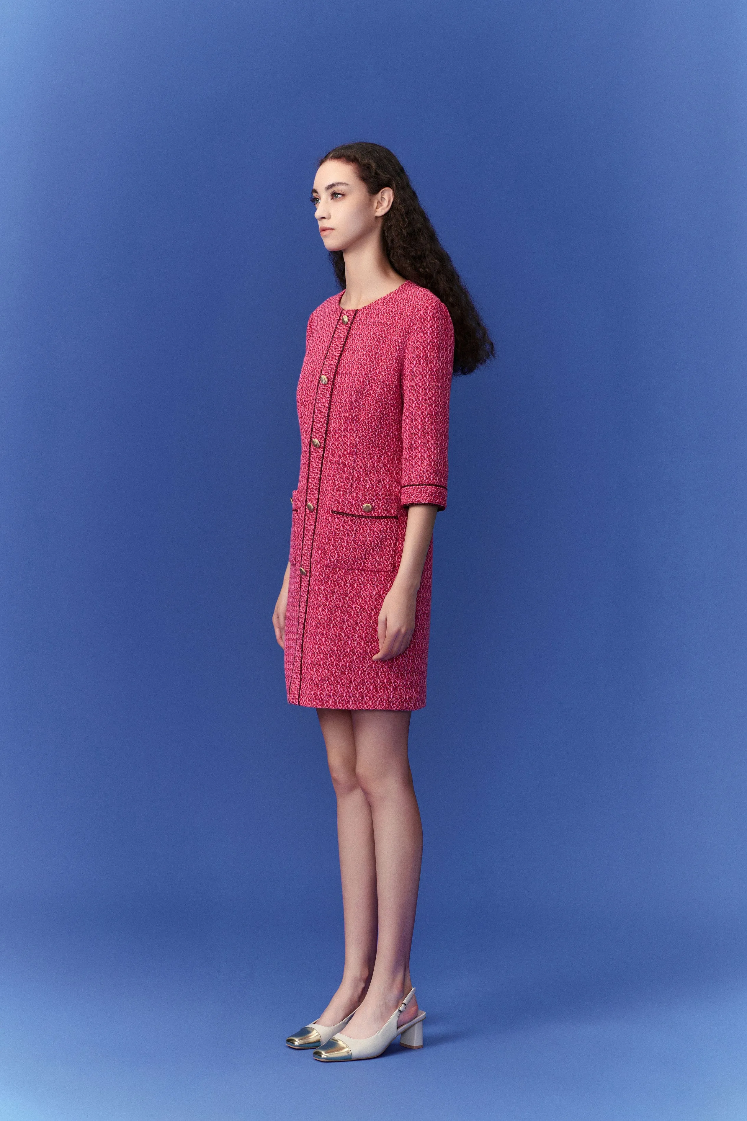 Fuchsia Pink Patch-Pocket Tweed Dress BreathableFabric