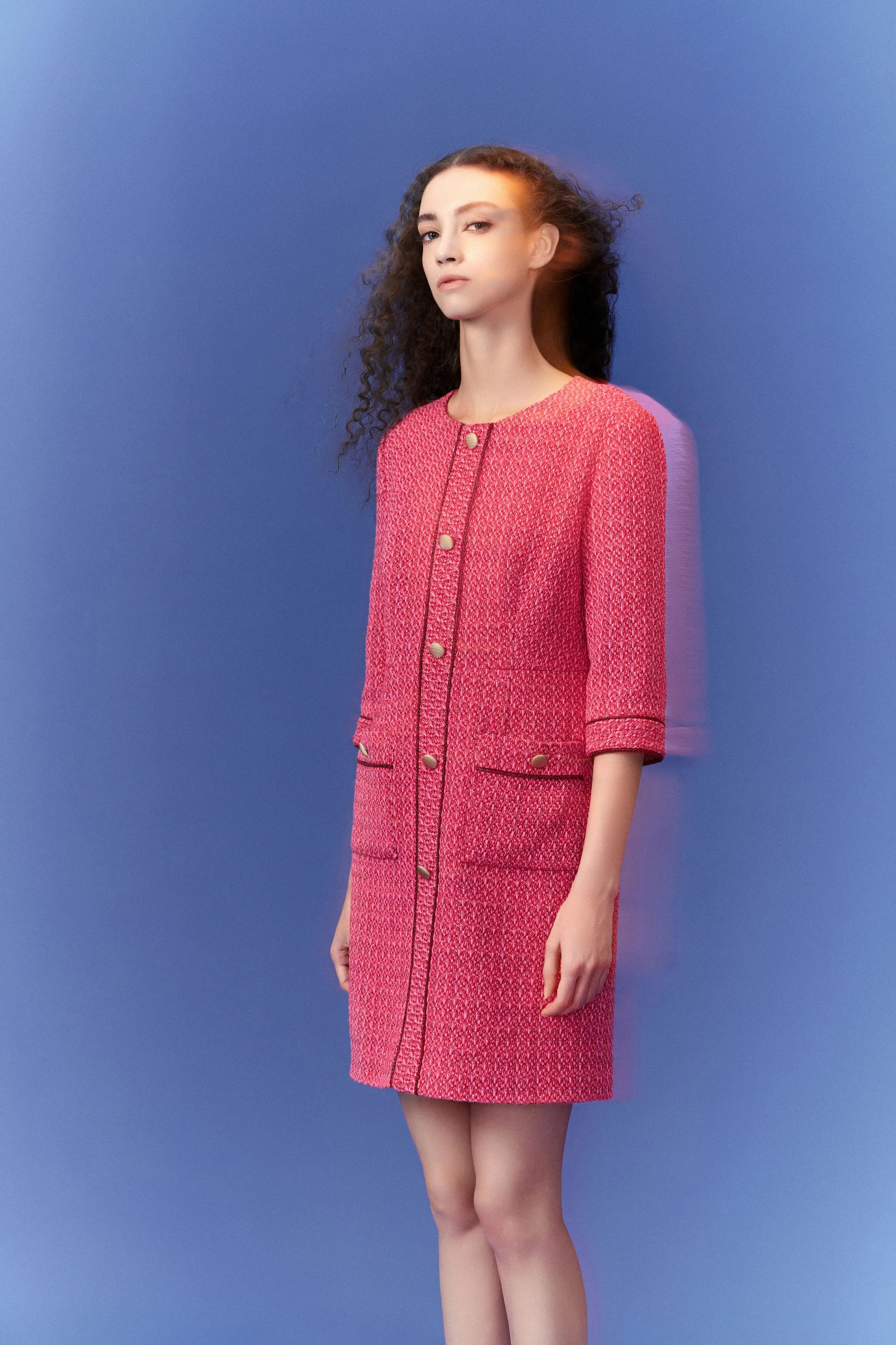 Bride Side Fuchsia Pink Patch-Pocket Tweed Dress