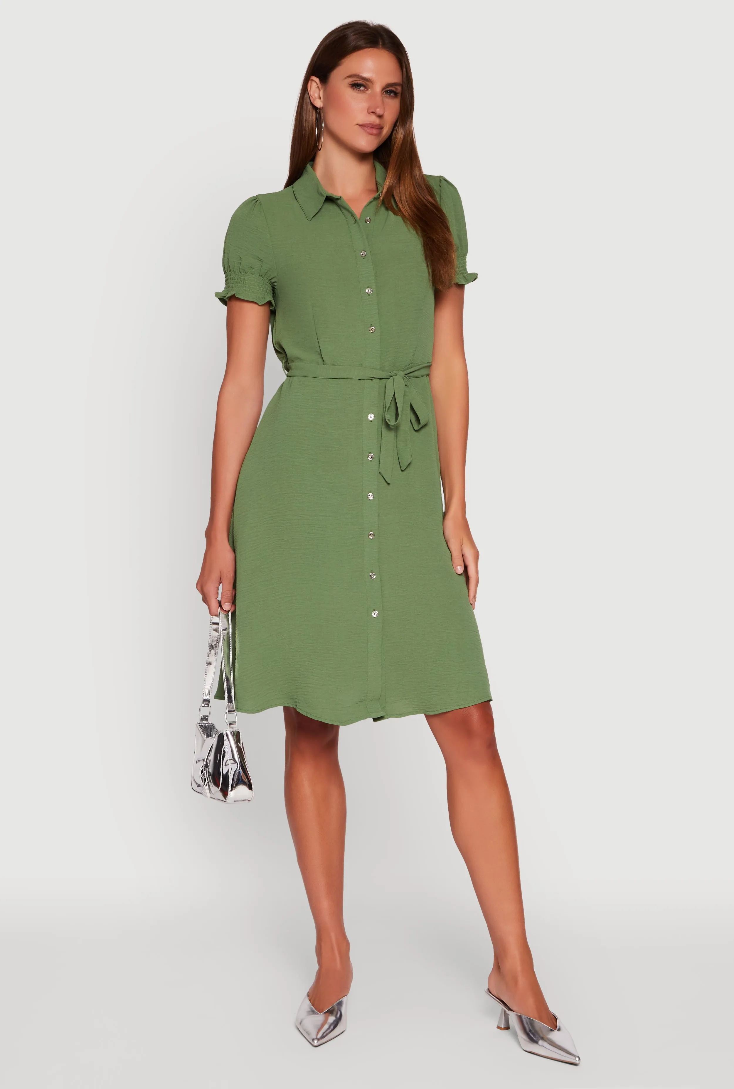 Crepe Knit Puff Sleeve Shirt Dress Star Light Timeless silhouette