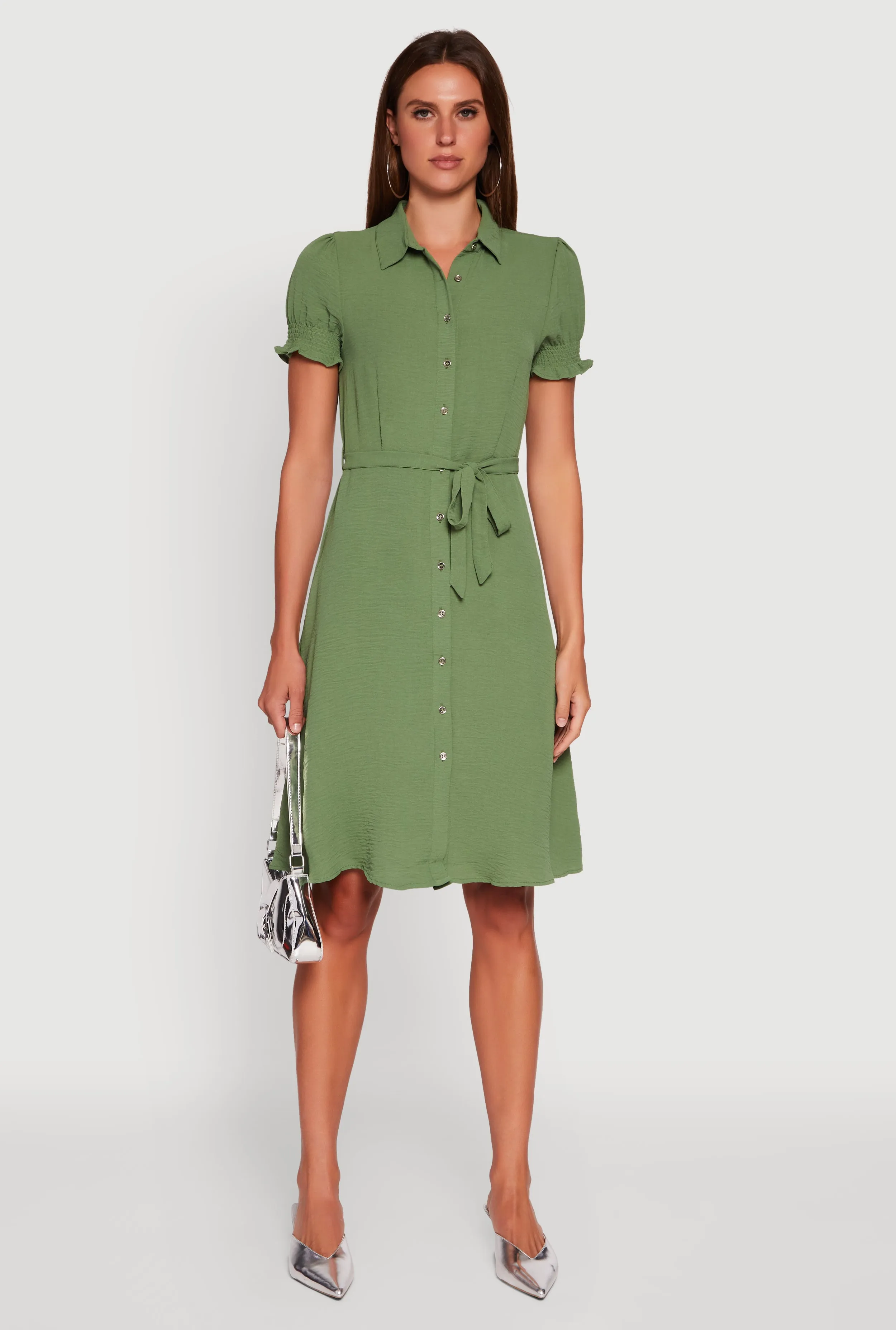 VIP Area Flattering dress for all body shapes Crepe Knit Puff Sleeve Shirt Dress