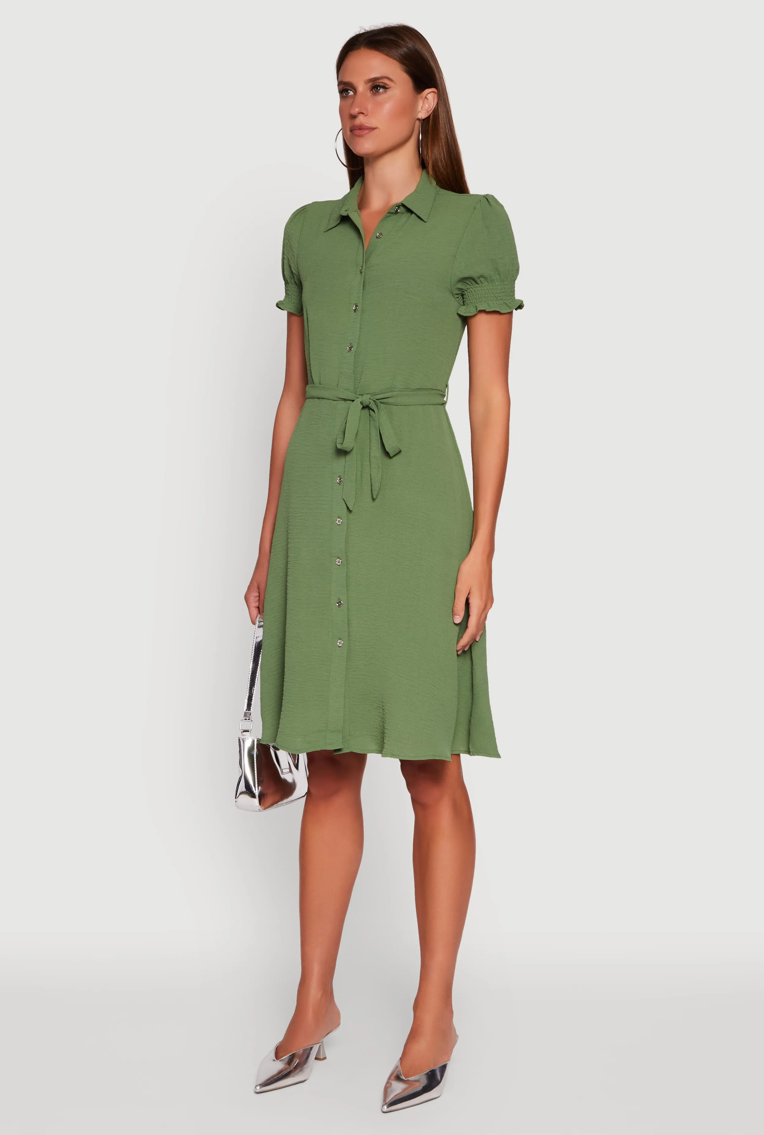 Chic Appearance Crepe Knit Puff Sleeve Shirt Dress