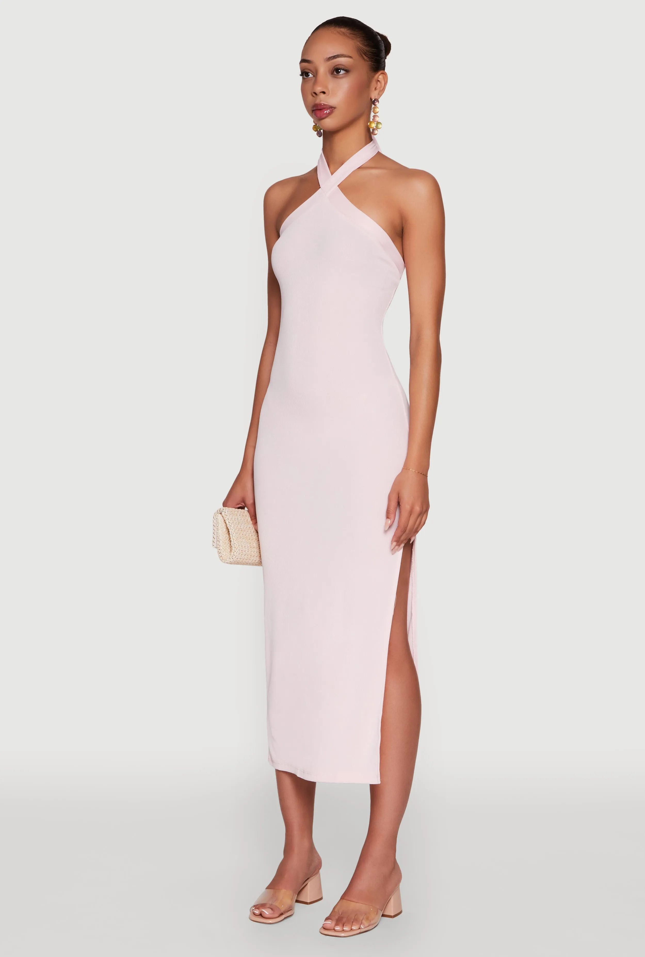 Season Proof Ribbed Knit Bodycon Halter Dress with Side Slit