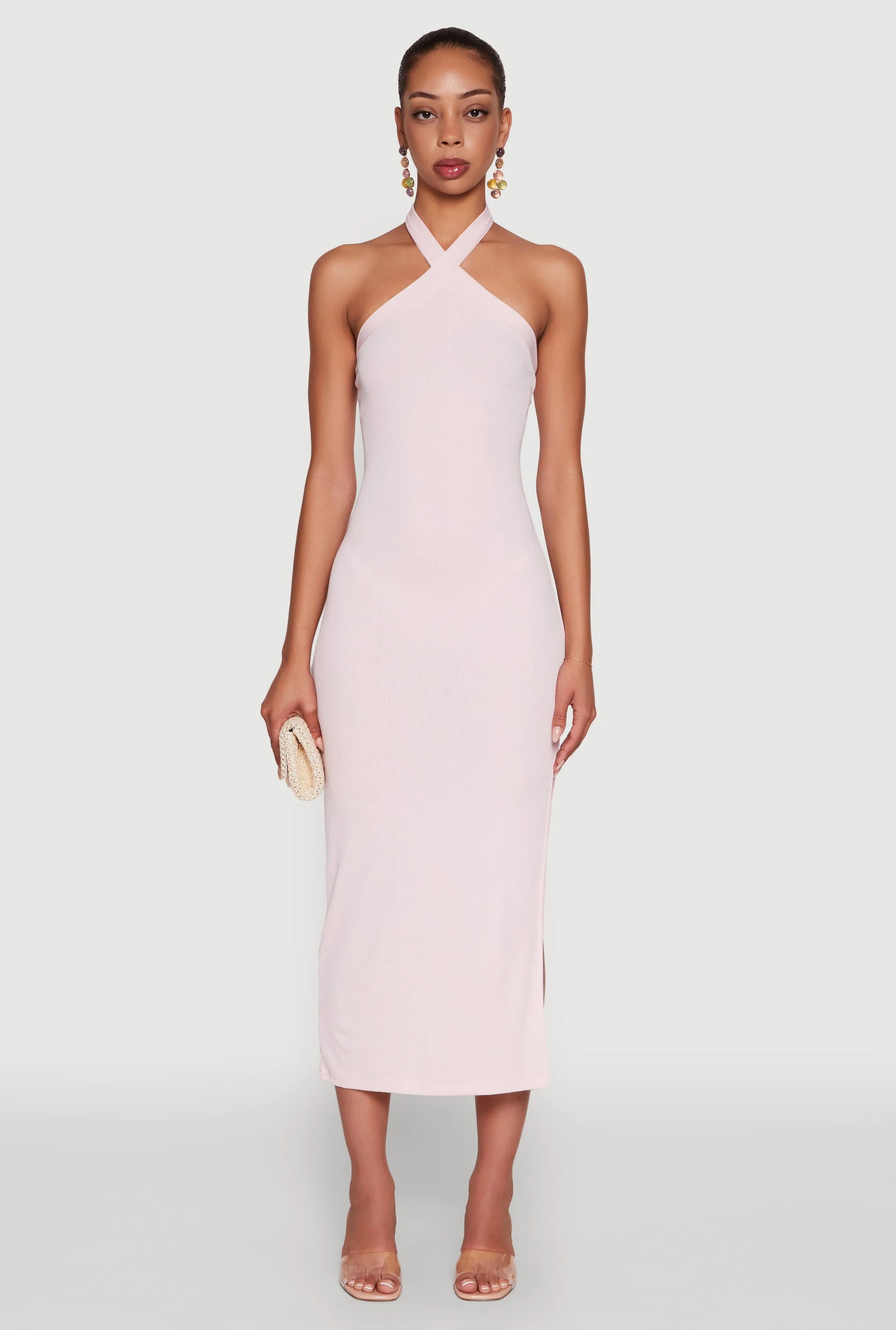 Ribbed Knit Bodycon Halter Dress with Side Slit Glam Lady Windy Ready