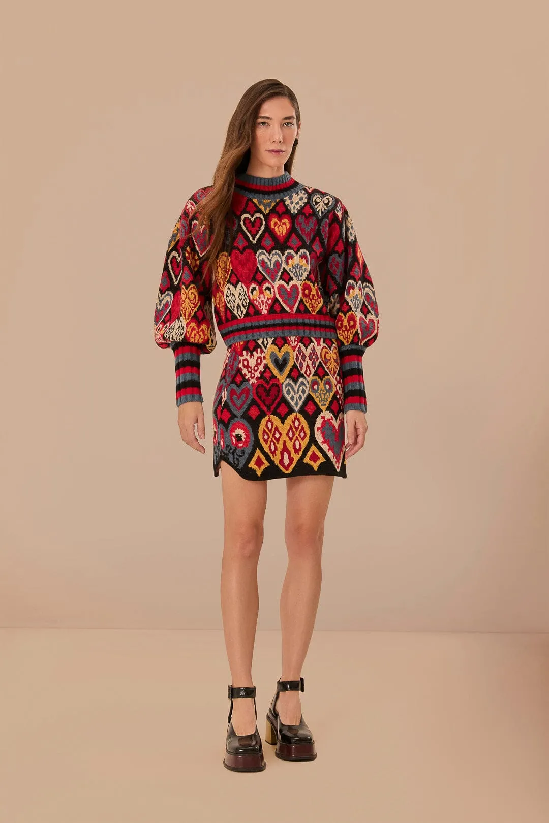 Contemporary Mood Black Hearts Ikat Knit Skirt