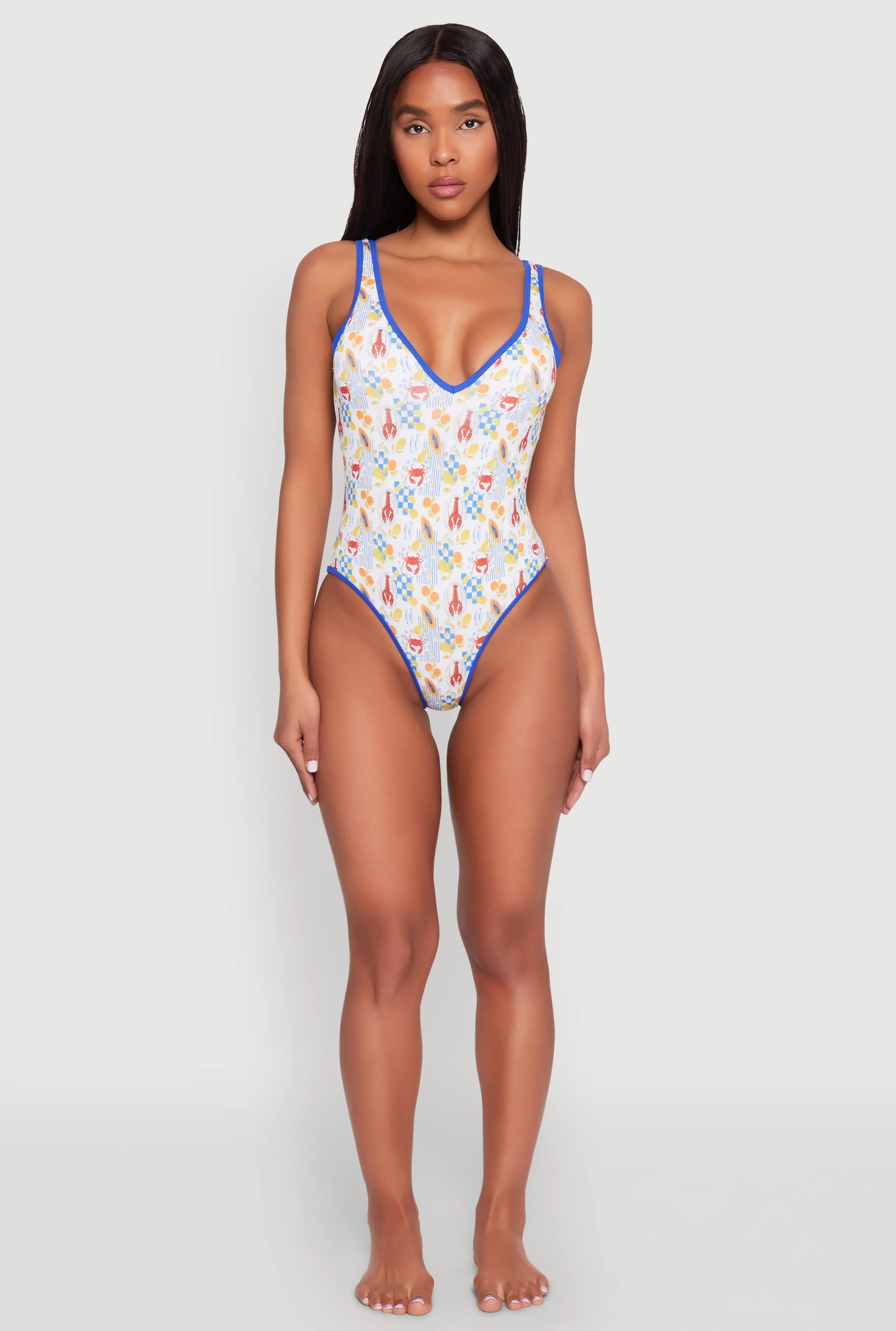 Non Chlorine Damage Smooth Edge Finish Tropical Crab Papaya Print One Piece Swimsuit