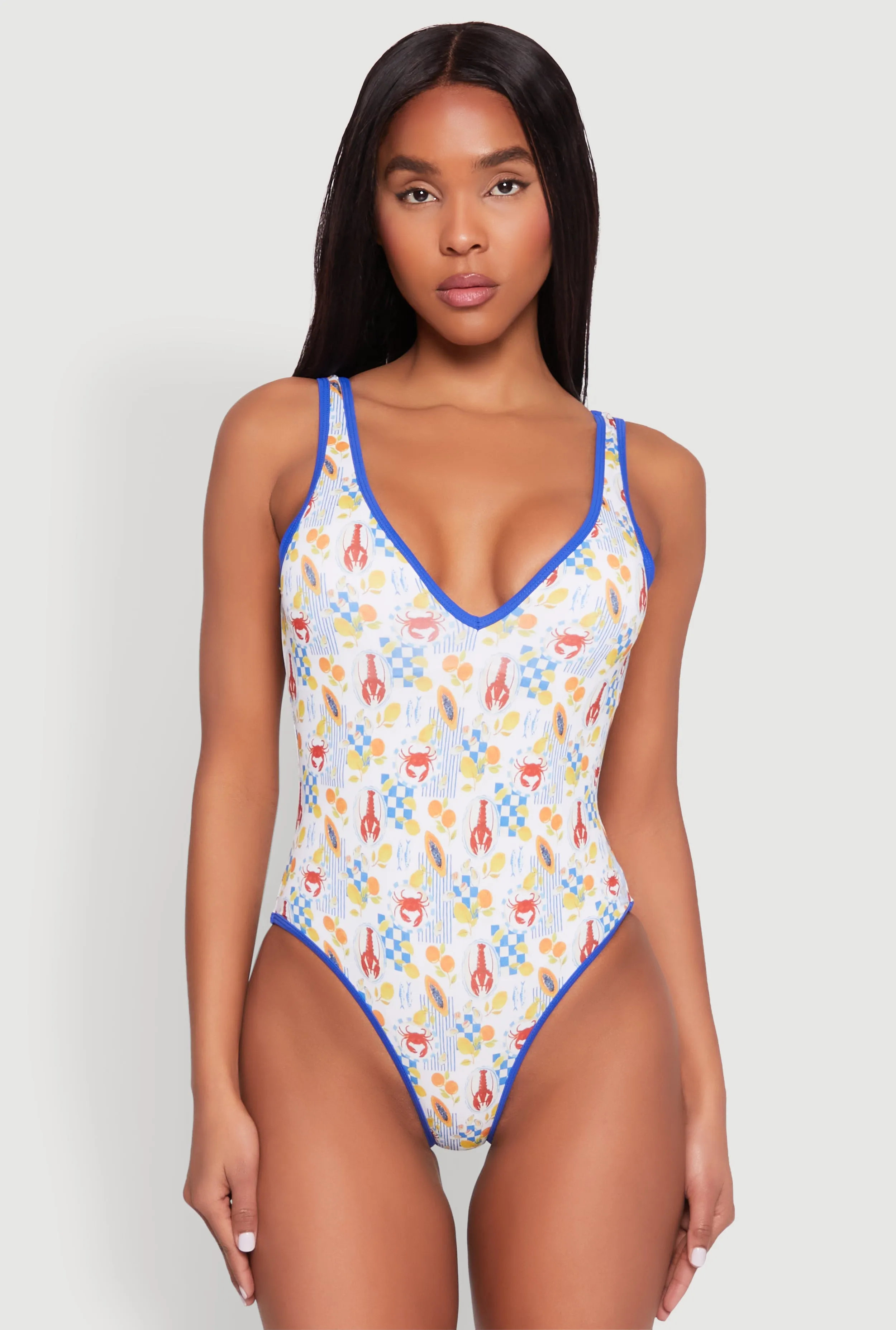 Tropical Crab Papaya Print One Piece Swimsuit Quick Dry Lining Flexible Boning