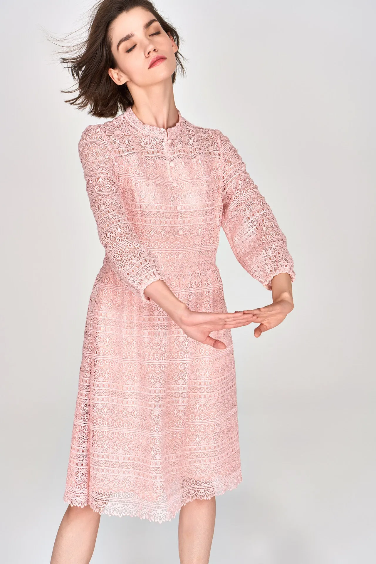 Adjustable Hem Pink Stand Collar Lace Dress