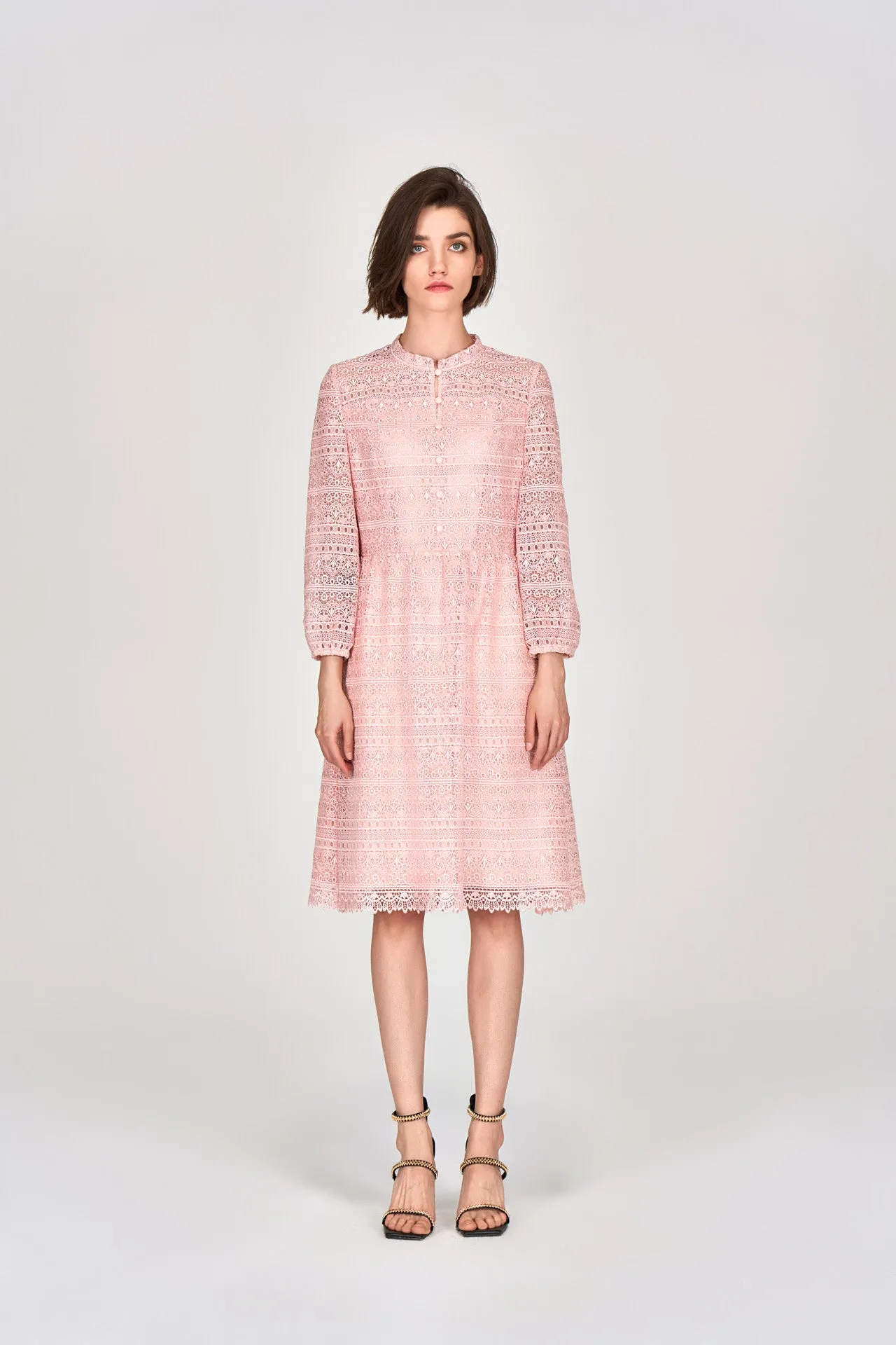 SmoothEdging Pink Stand Collar Lace Dress