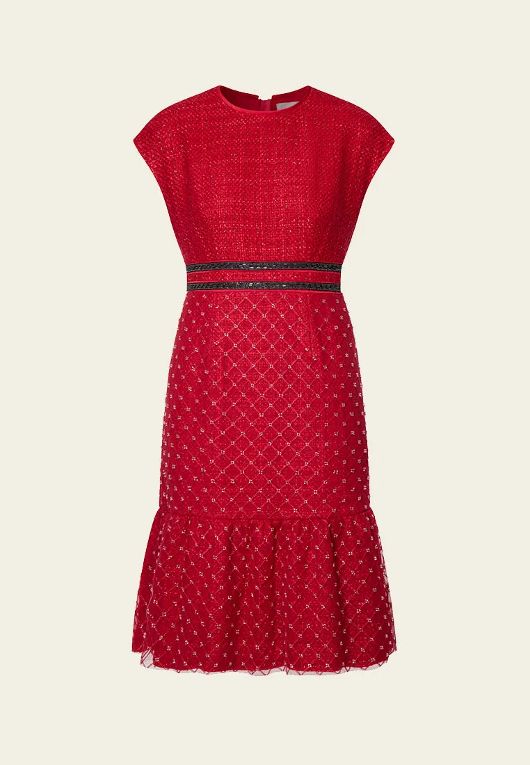 Red Cap-sleeved Embroidered Mesh Tweed Dress VentilatedMesh TaglessDesign