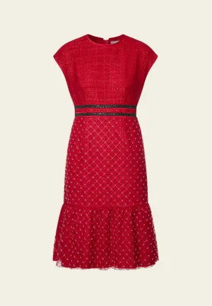 Red Cap-sleeved Embroidered Mesh Tweed Dress VentilatedMesh TaglessDesign