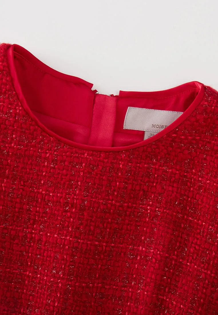 Red Cap-sleeved Embroidered Mesh Tweed Dress Low Care Comfort waistband