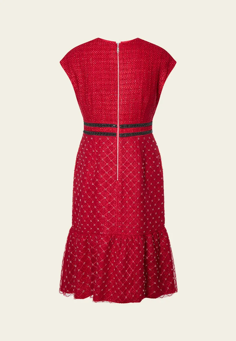 Red Cap-sleeved Embroidered Mesh Tweed Dress Tribal Soul