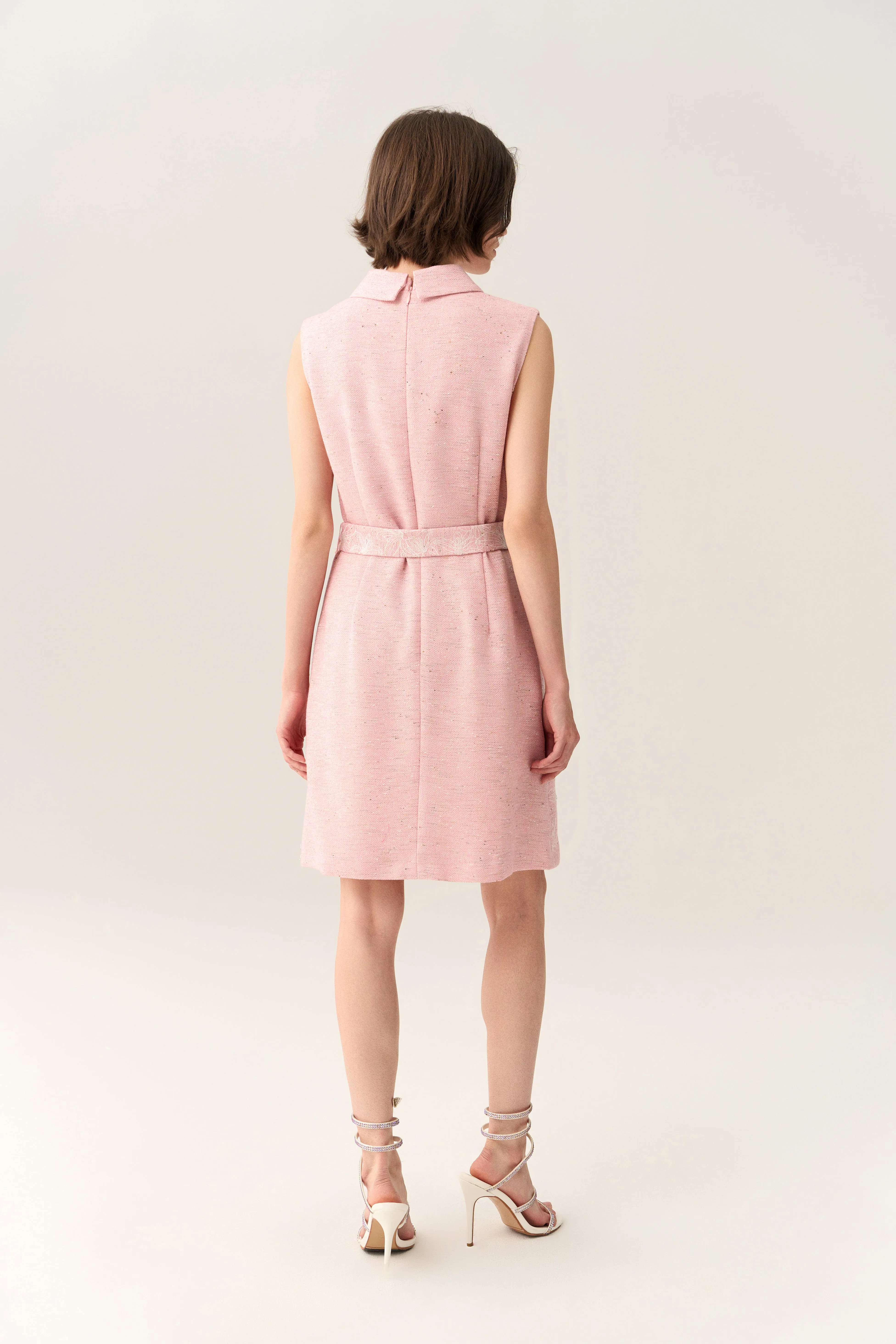 Star Mood ComfortStretch Pink Collar Belted Tweed Sleeveless Dress