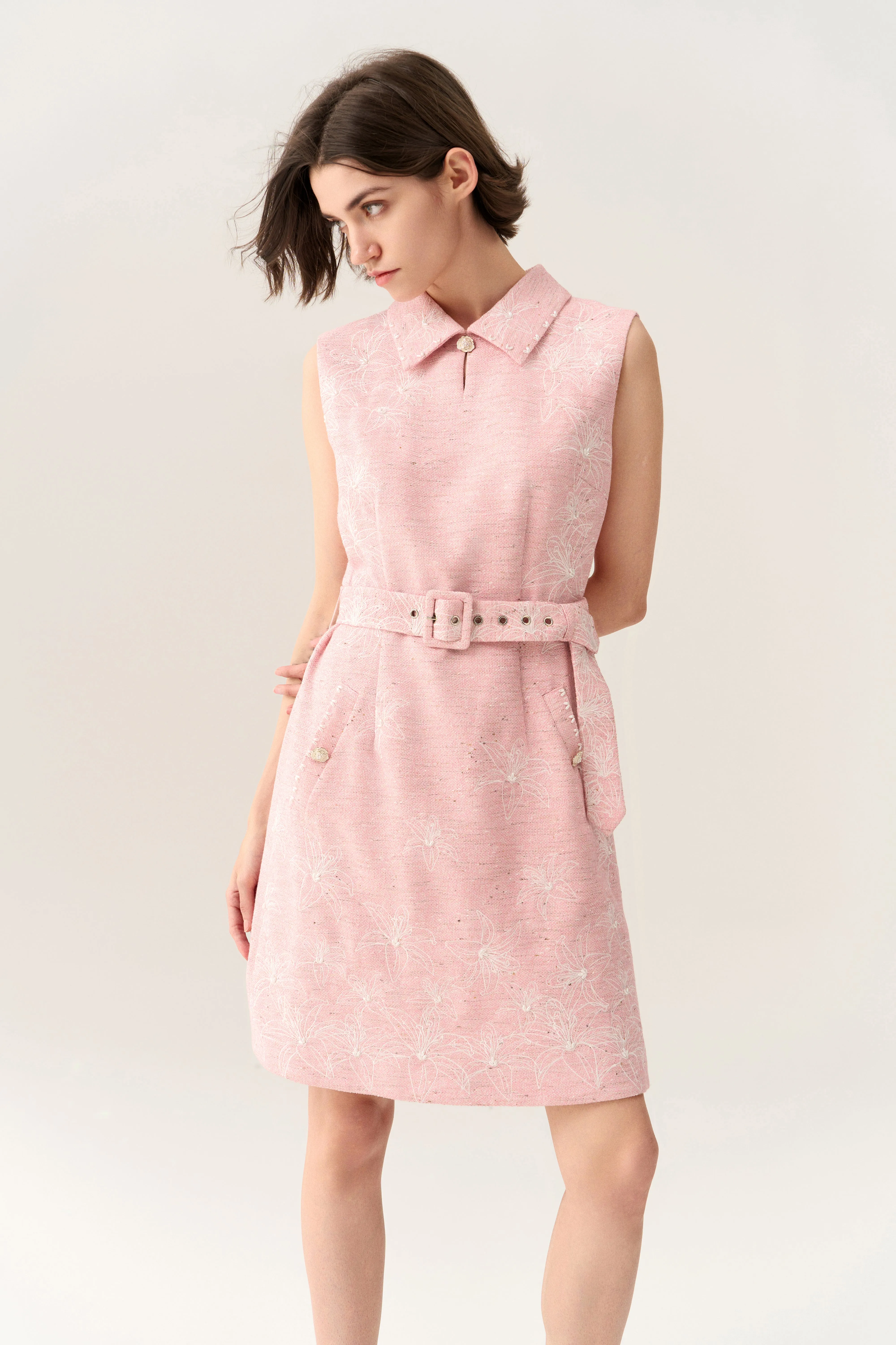 Pink Collar Belted Tweed Sleeveless Dress Free Shape Silk Glow