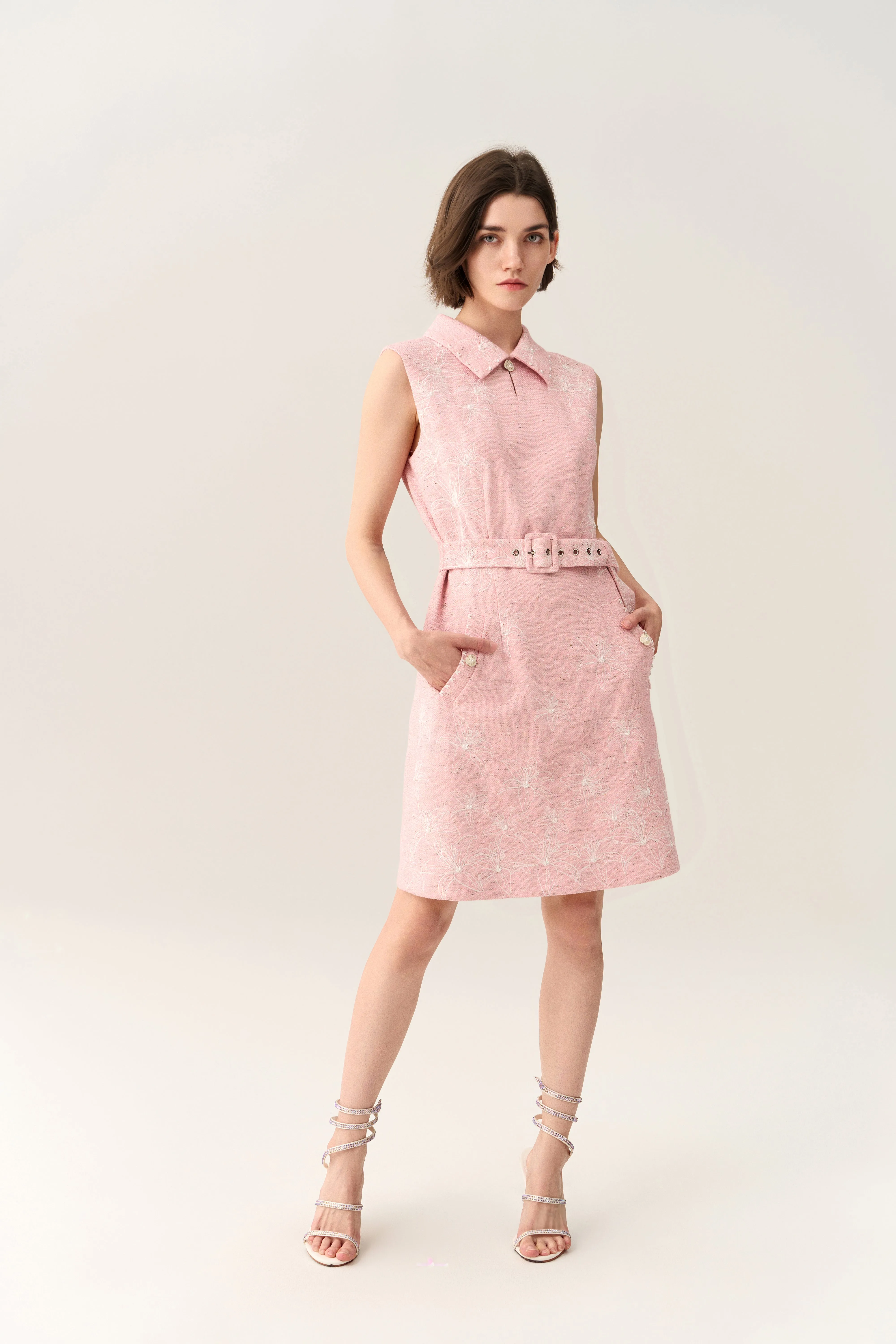 Pink Collar Belted Tweed Sleeveless Dress NonRestrictiveSilhouette Stretch Fit