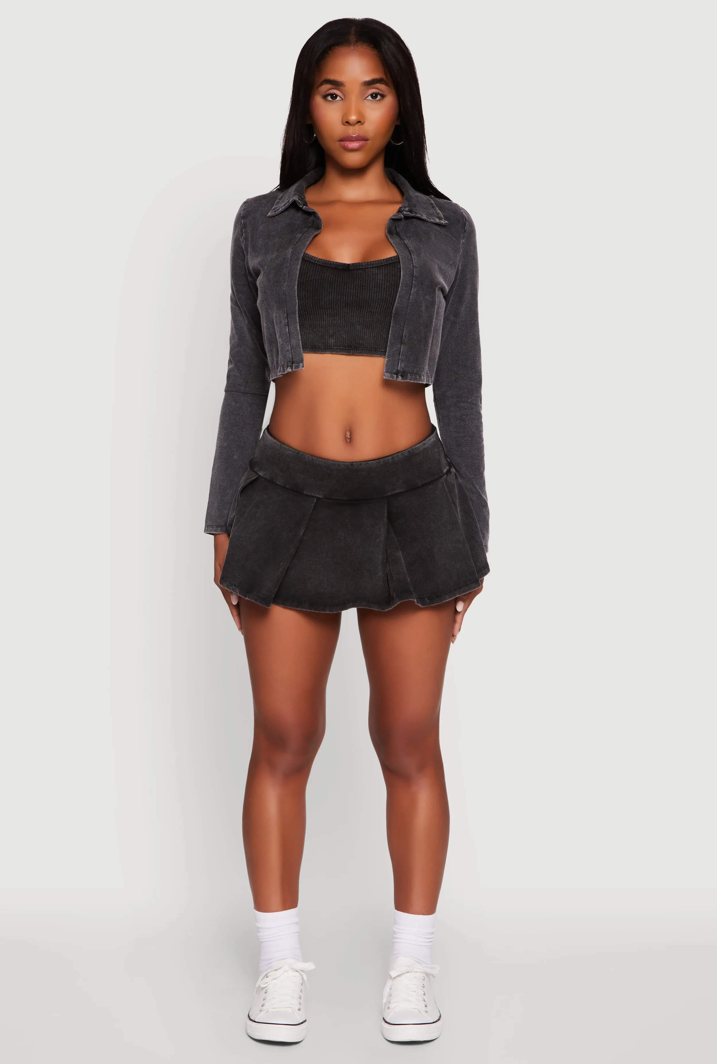 Acid Wash Cropped Rib Knit Cami with Long Sleeve Jacket Low Profile Seam Build