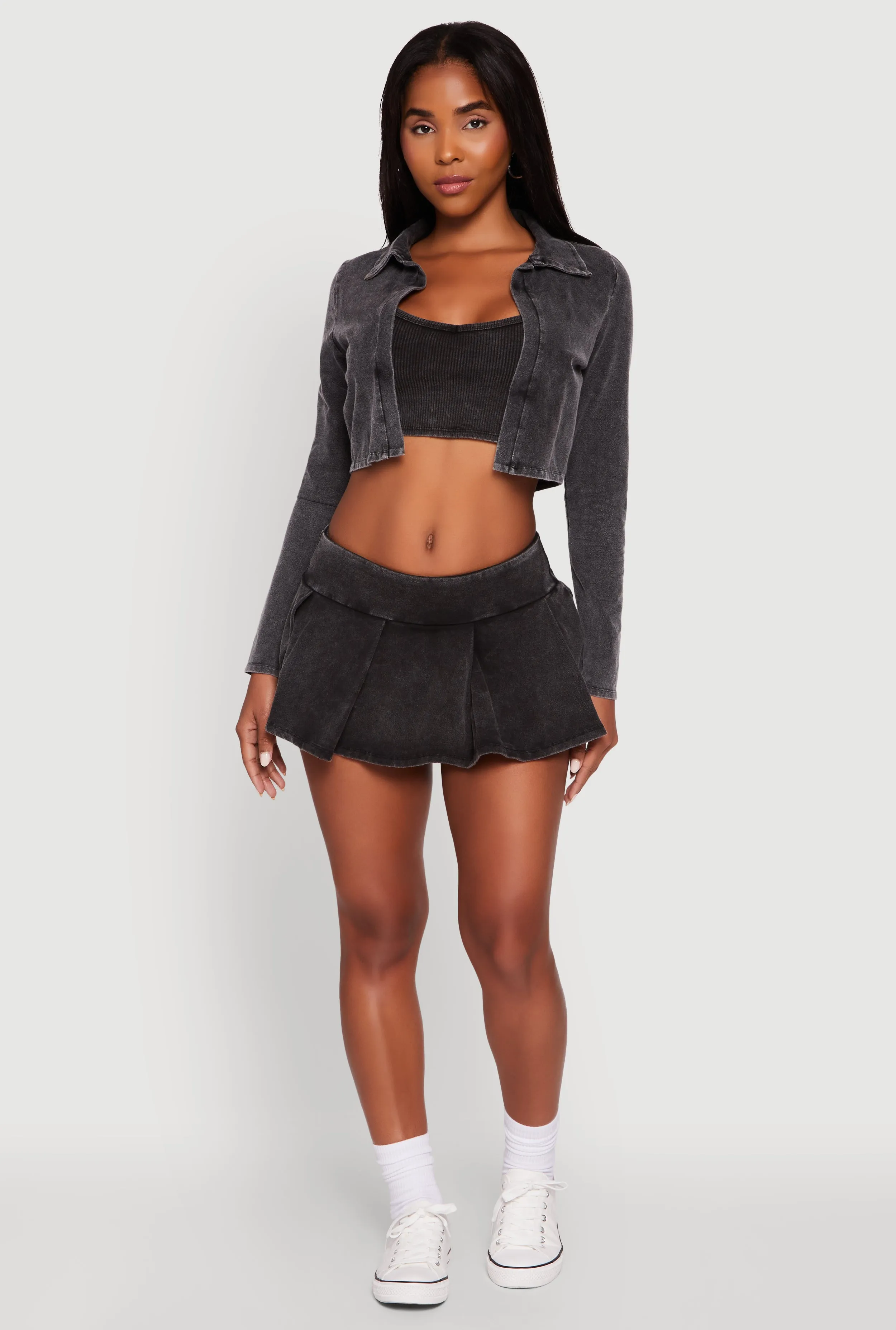 product development Acid Wash Cropped Rib Knit Cami with Long Sleeve Jacket