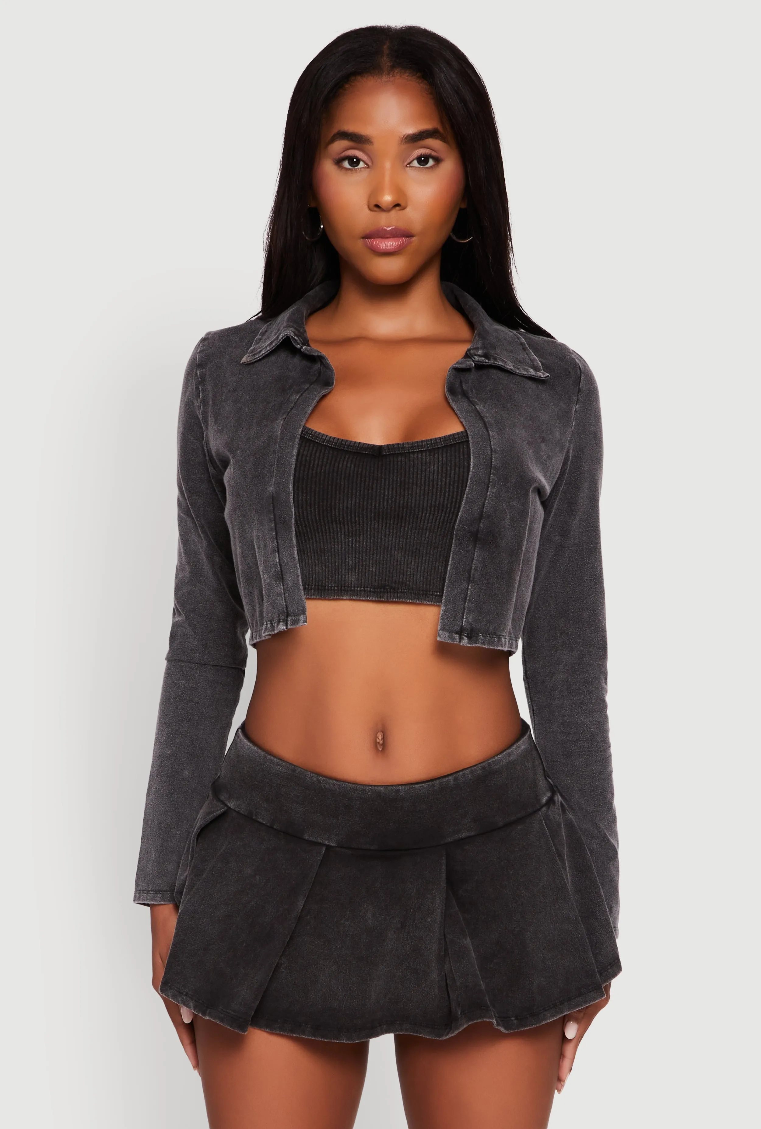 Travel Light Design - elegant Acid Wash Cropped Rib Knit Cami with Long Sleeve Jacket