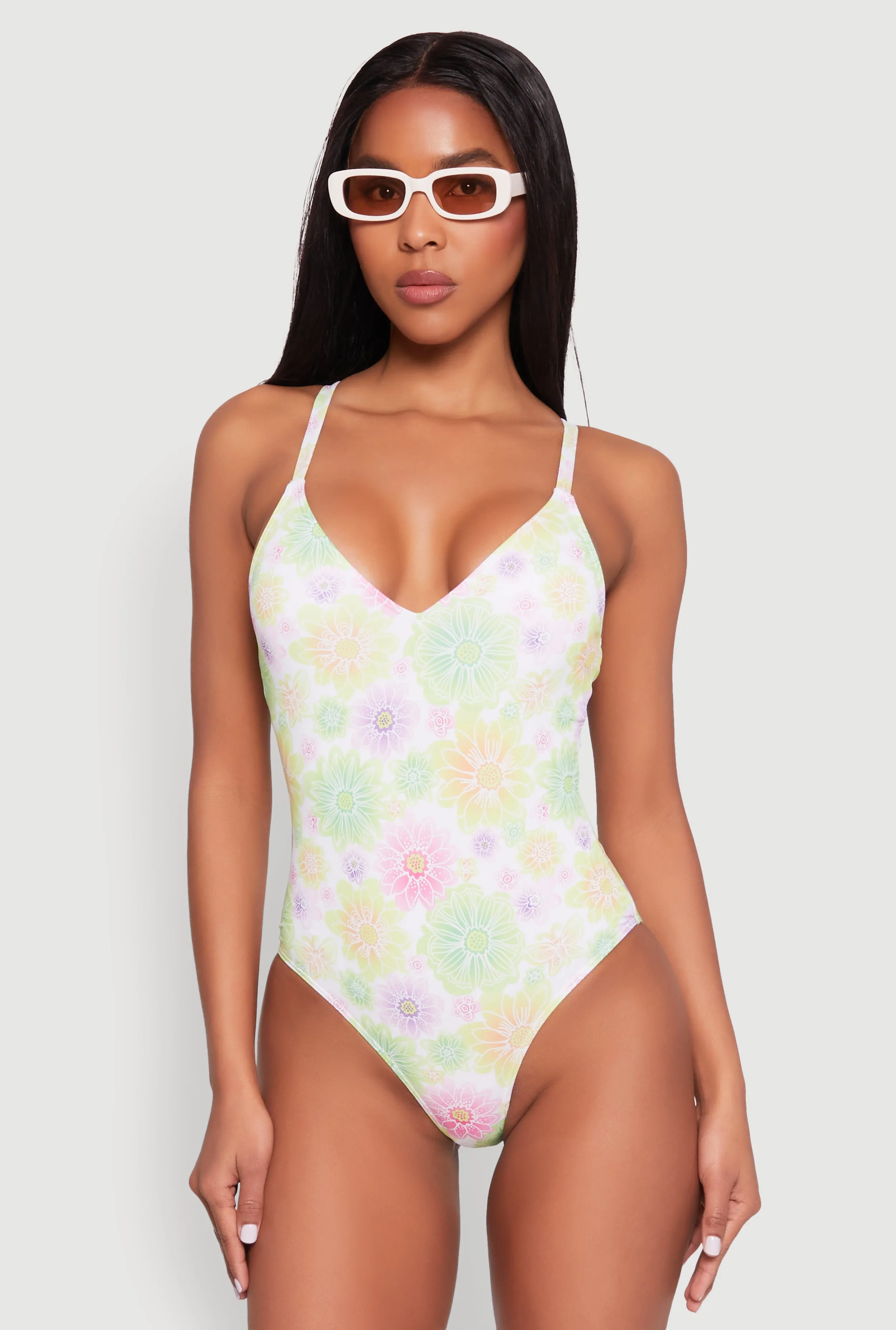Flower Print One Piece Swimsuit Flexible Boning