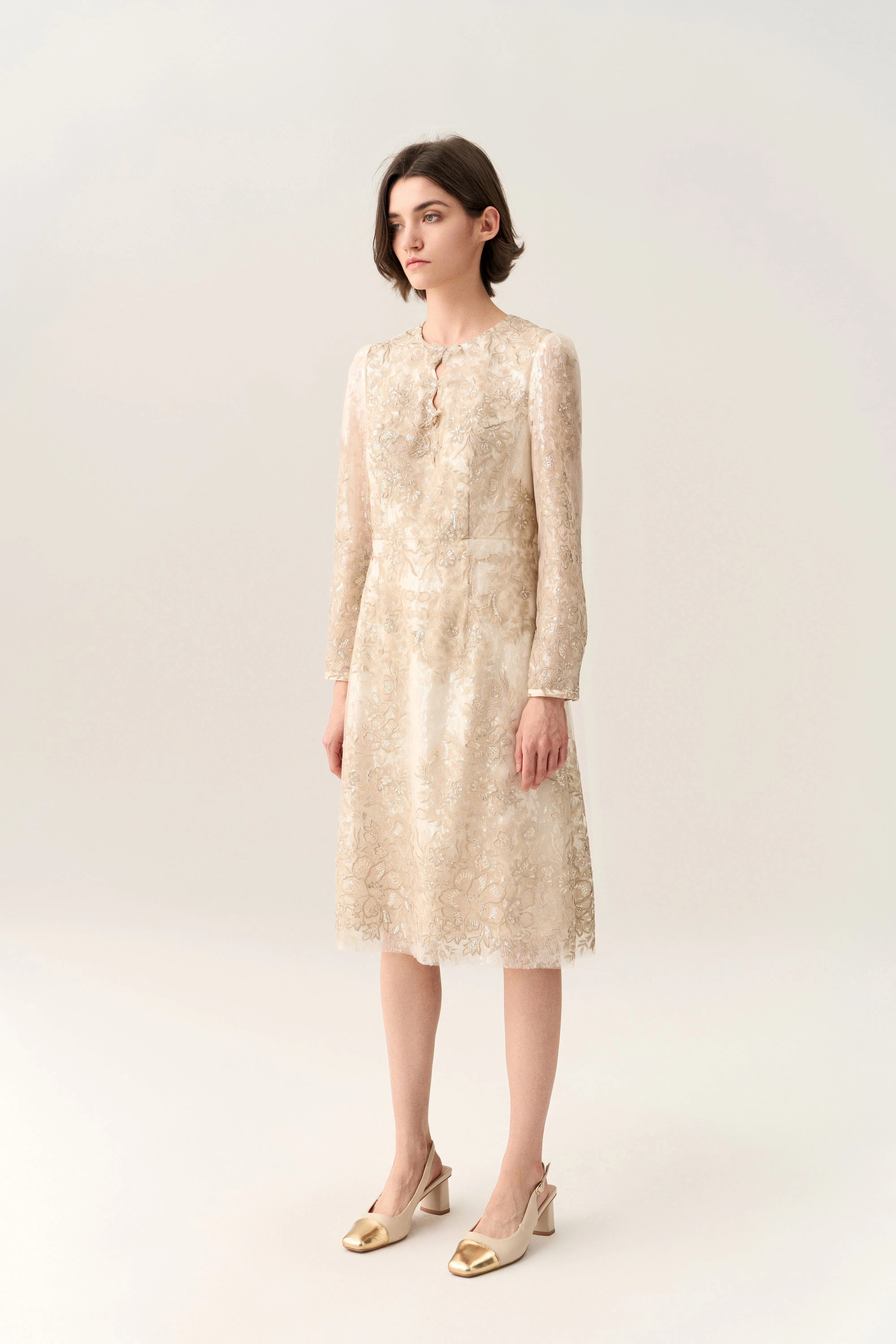 Breathable Stretch Fabric Cool Glow Double Key-hole Lurex Embroidery Mesh Dress