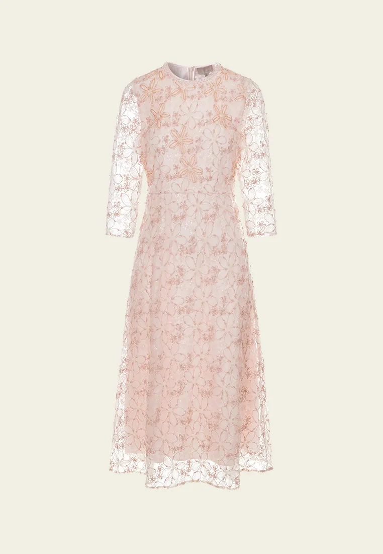 Floral-embroidery Embellished Detail Mesh Dress Romance Fit 4Way Stretch
