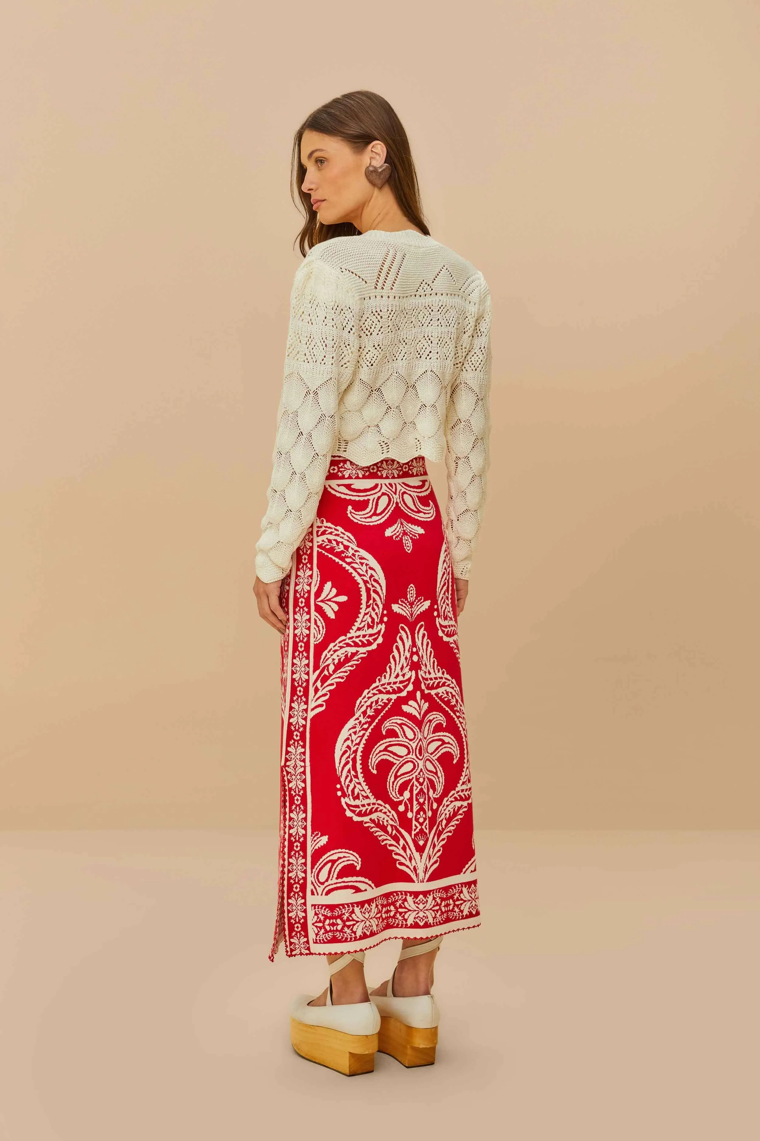 Multi Purpose Flow Look Red Tropical Jacquard Knit Skirt