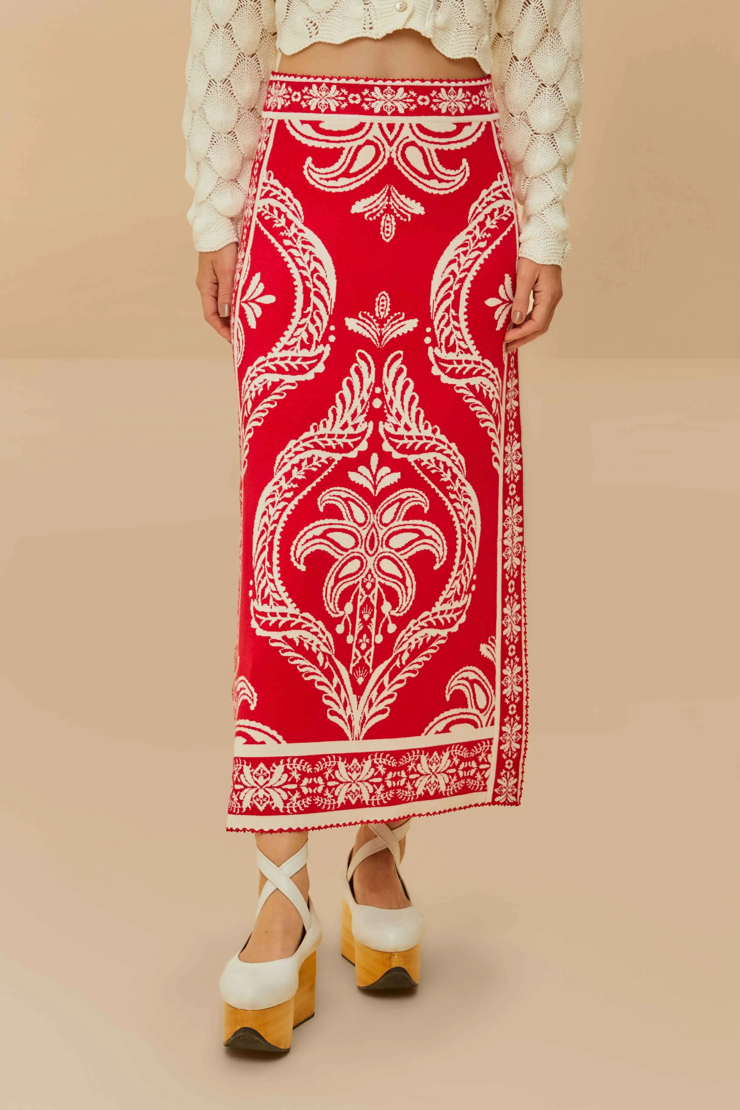 Red Tropical Jacquard Knit Skirt lace accents Hypoallergenic fabric
