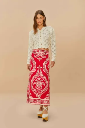 Button Details Red Tropical Jacquard Knit Skirt