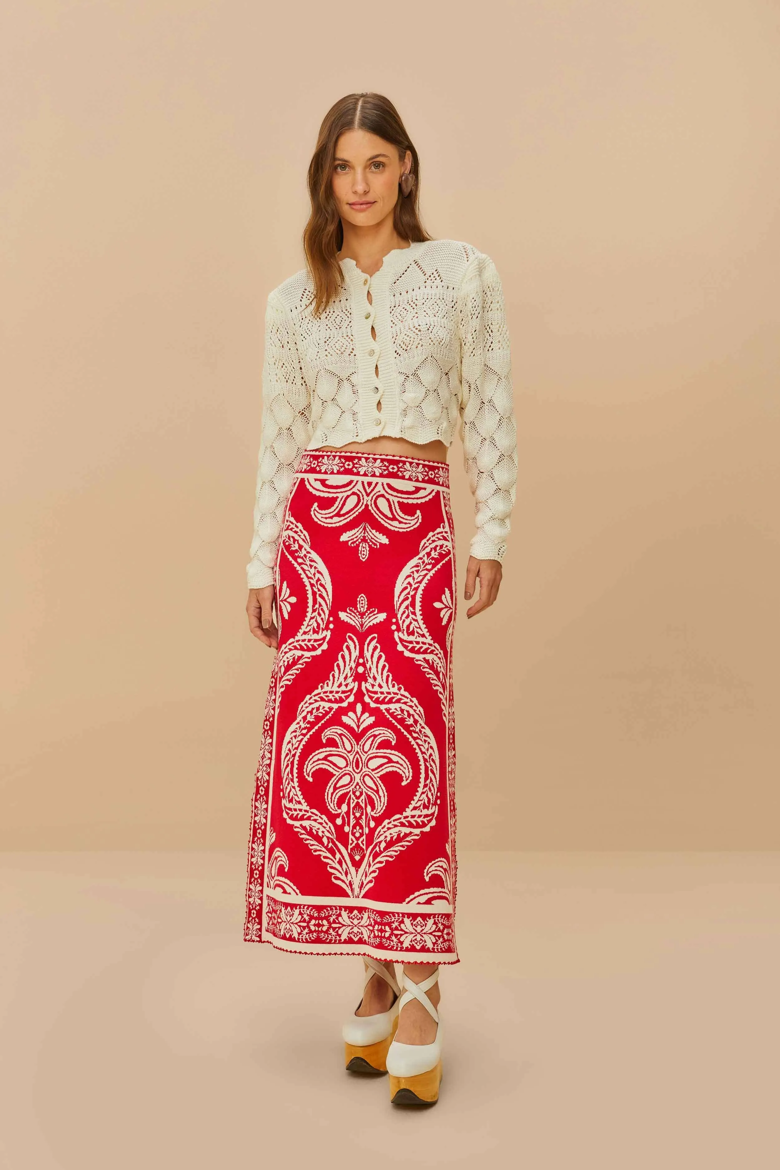 Button Details Red Tropical Jacquard Knit Skirt