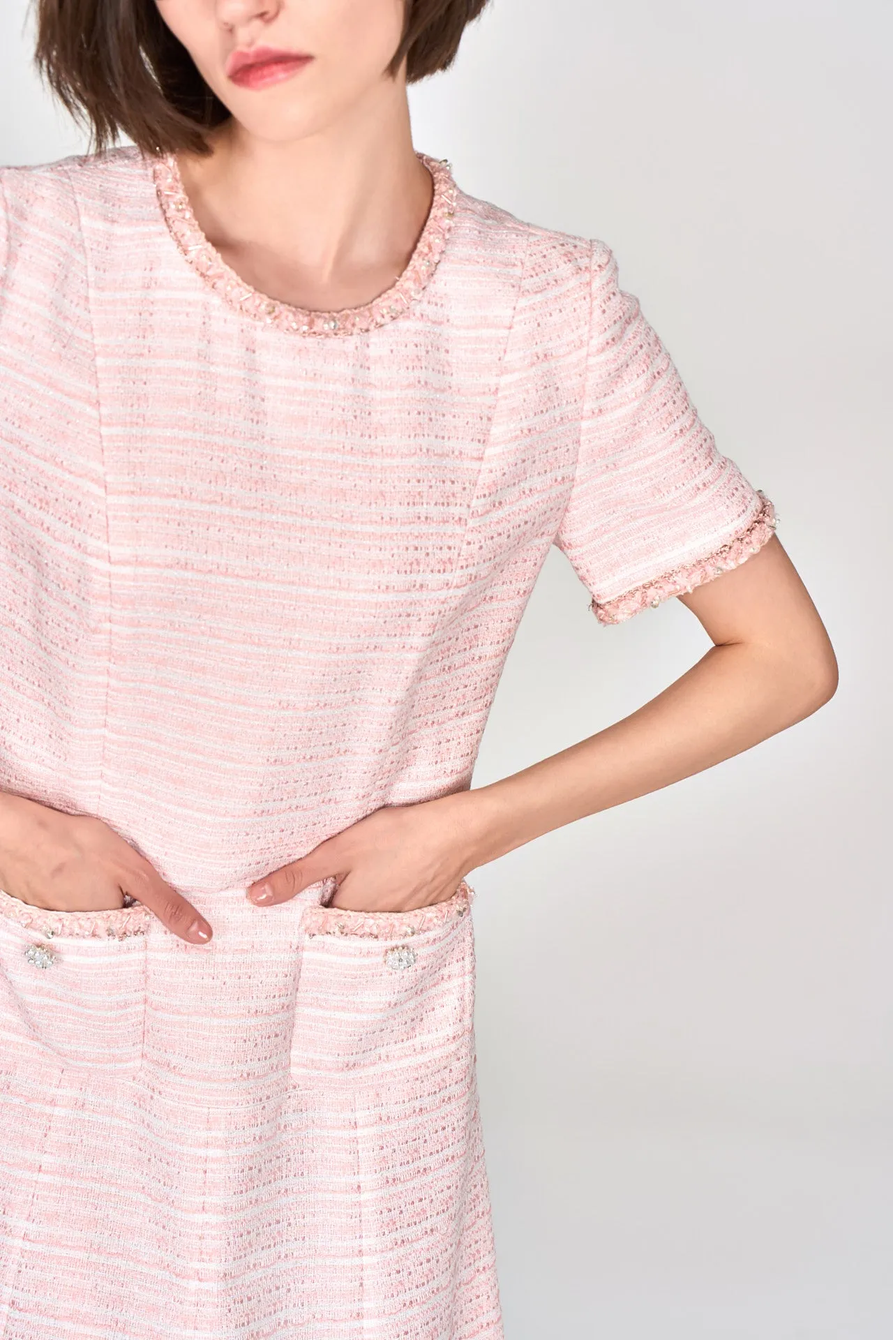 StretchPaneling Pink Embellished Flared Tweed Dress