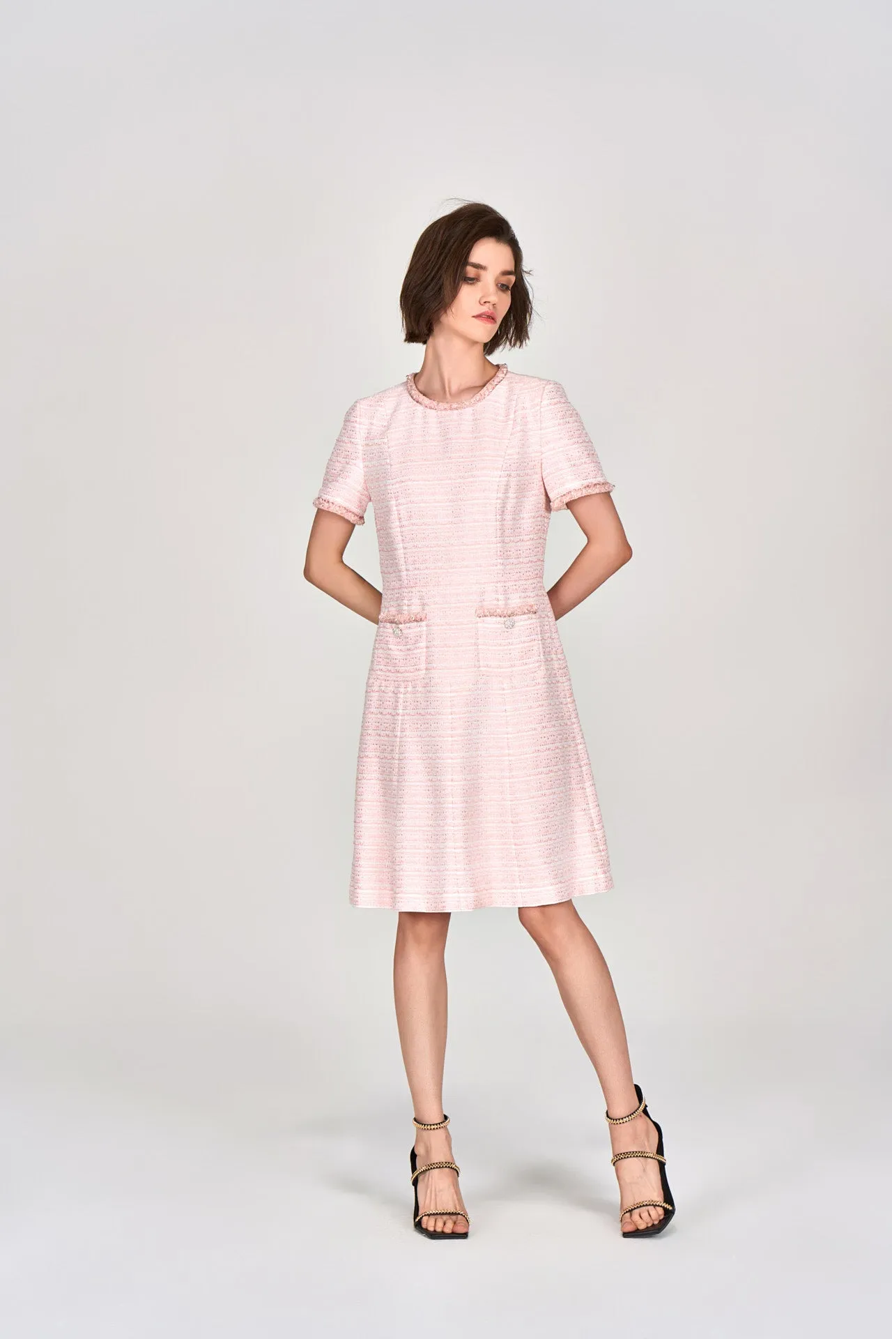 Pink Embellished Flared Tweed Dress Love Glow