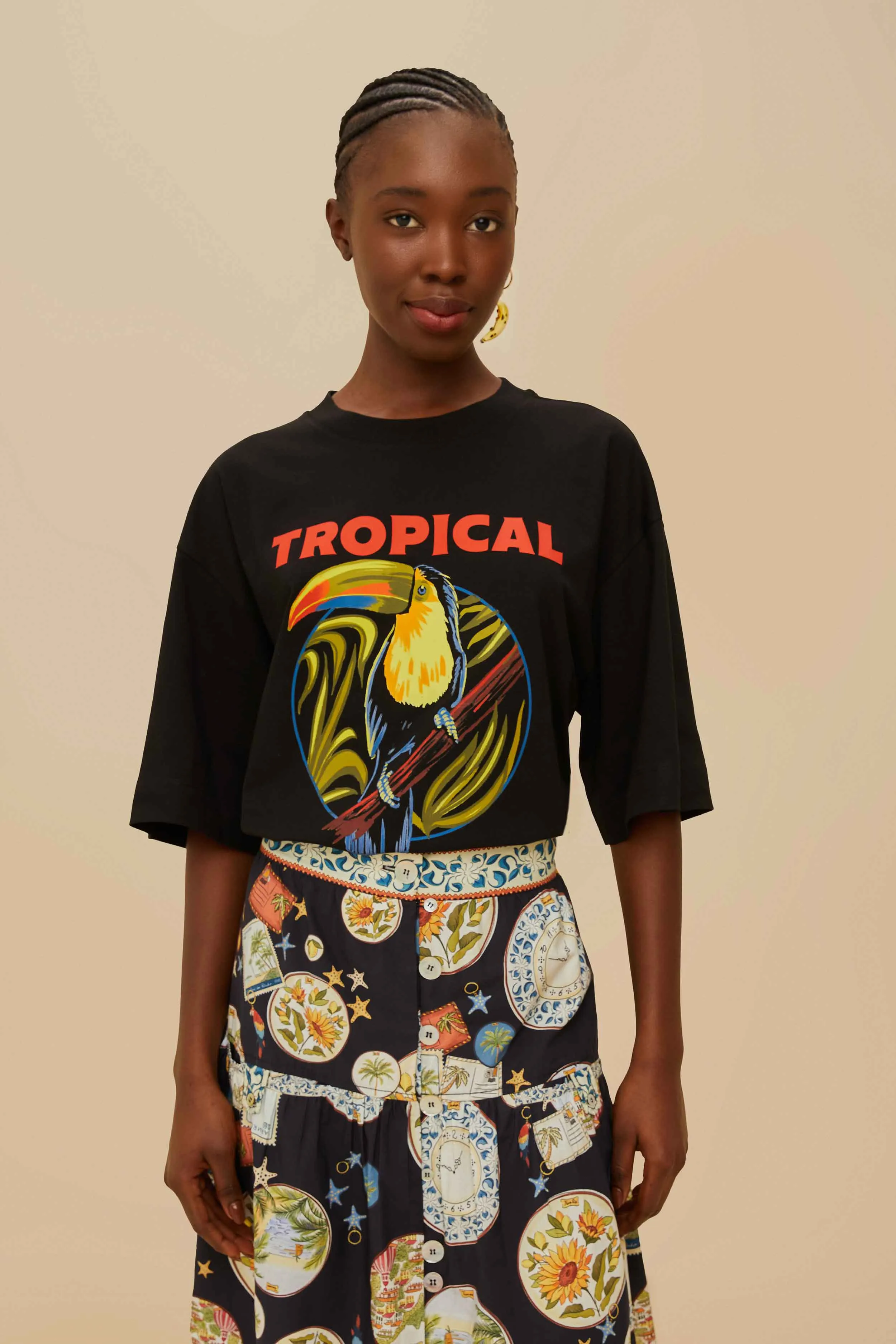 Black Tropical Organic Cotton T-Shirt LayeredNeckline Fantasy Glow