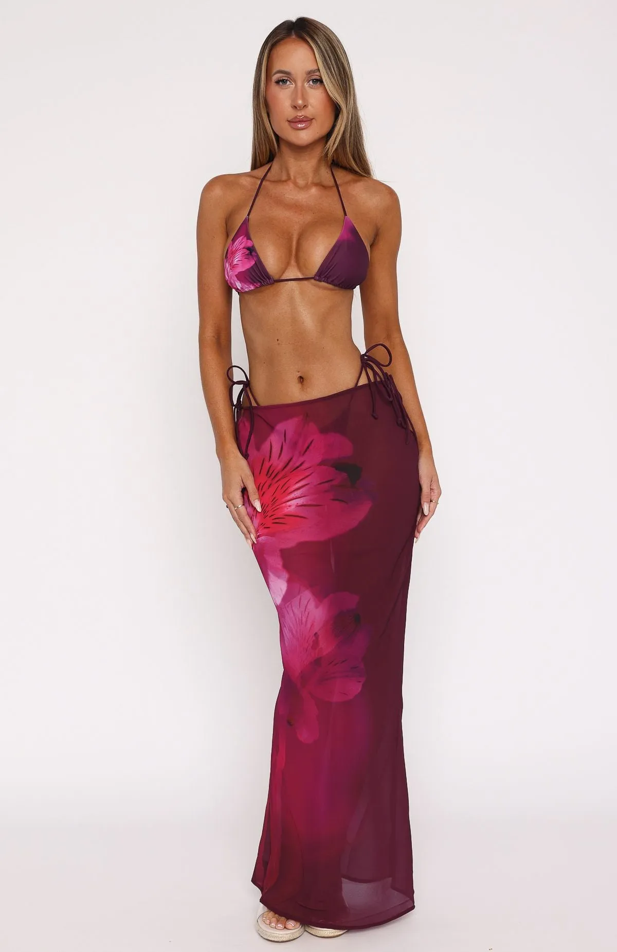 Luminous Maxi Skirt Berry Lush Placket Closure Resort Mood