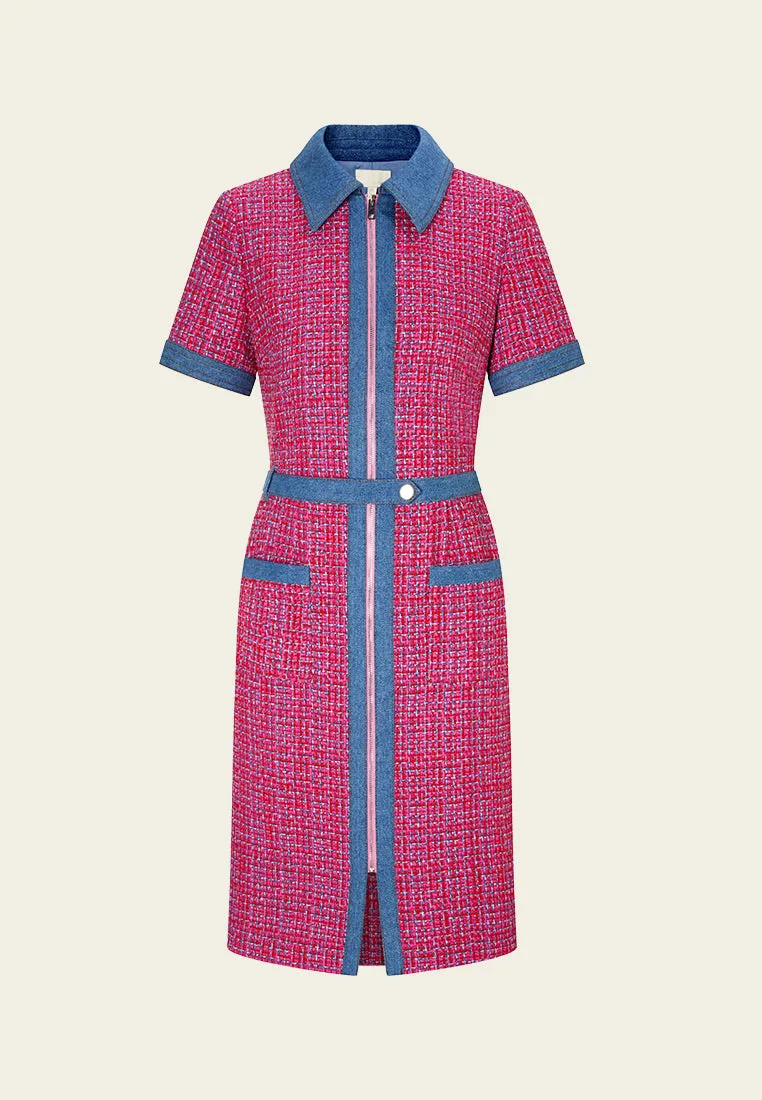 Denim-trim Fuchsia Checked Mix-tweed Dress Legend Fit