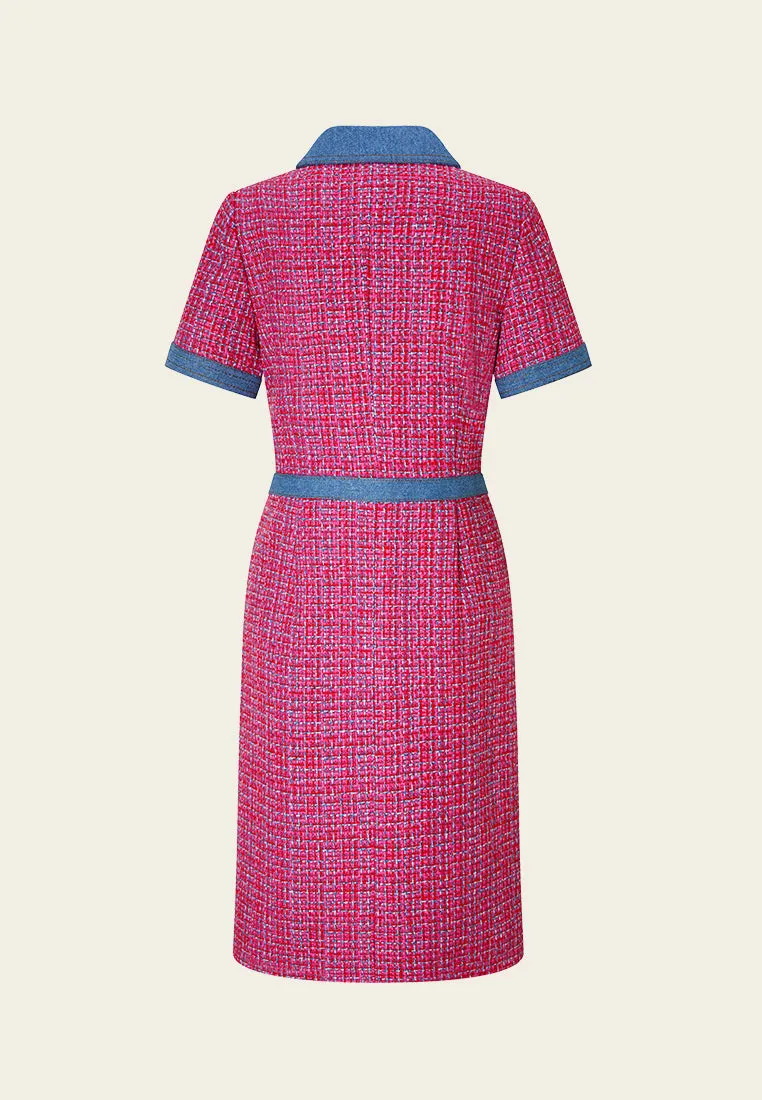 Metro Mode Feather Glow Denim-trim Fuchsia Checked Mix-tweed Dress