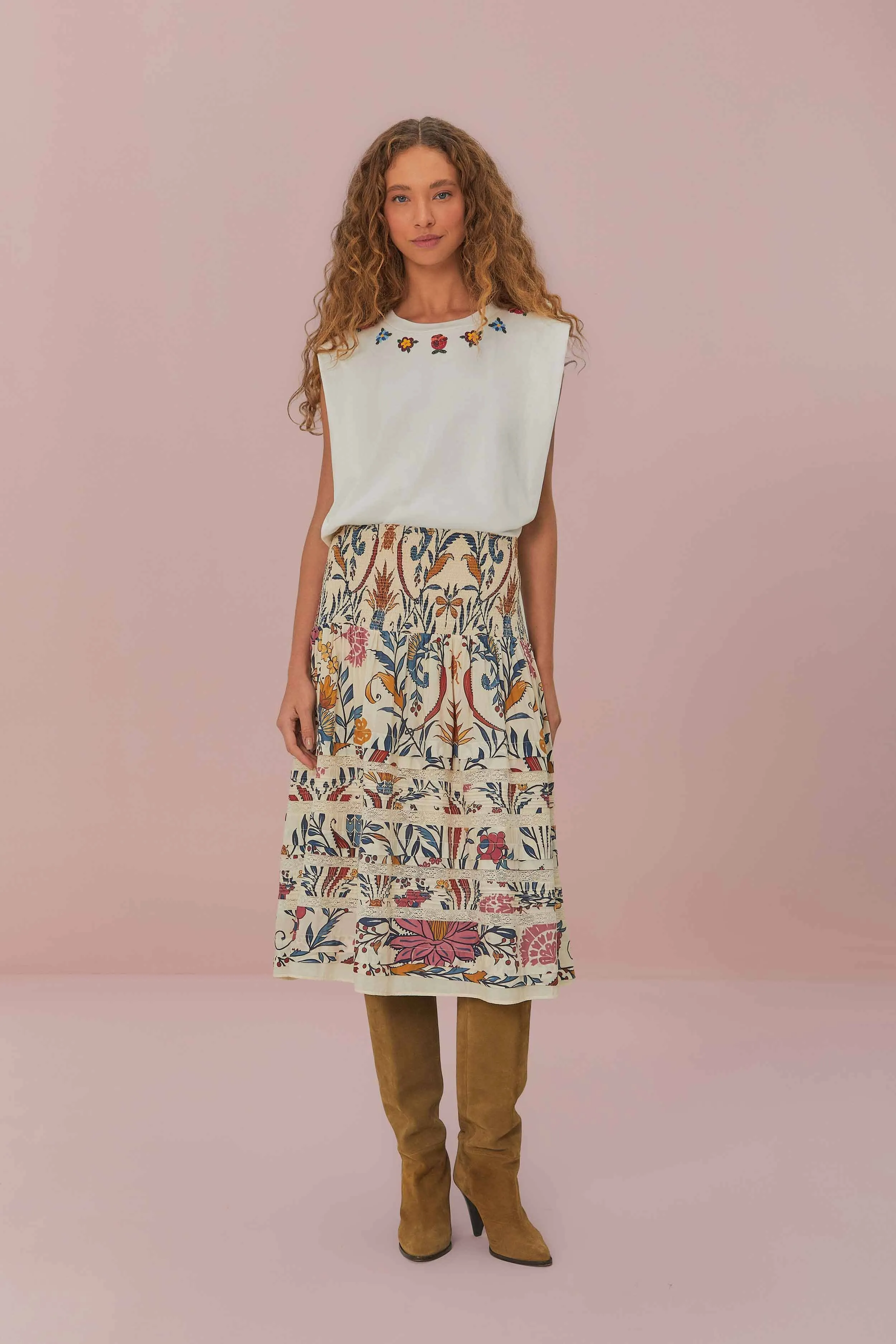 White Beaded Flowers T-Shirt Collapsible Hood