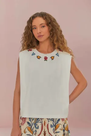 WaterRepellent Surface White Beaded Flowers T-Shirt