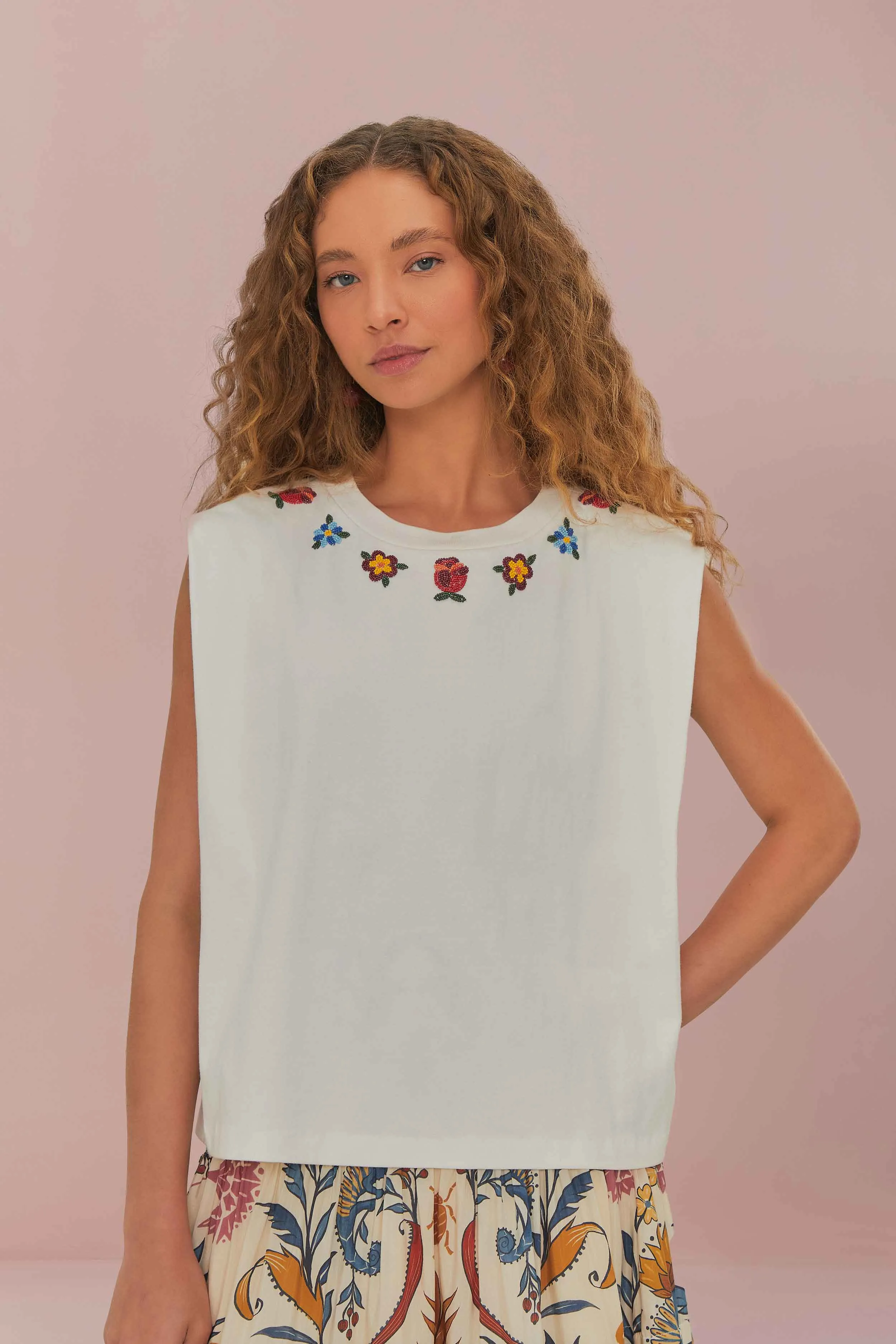 WaterRepellent Surface White Beaded Flowers T-Shirt