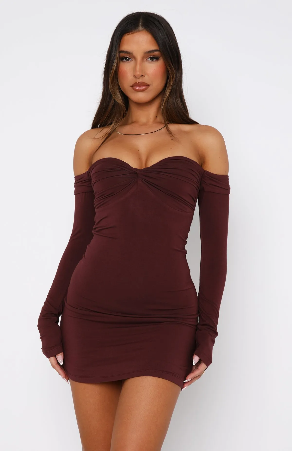 Running Out Of Time Off Shoulder Long Sleeve Mini Dress Chocolate OdorResistant Coating