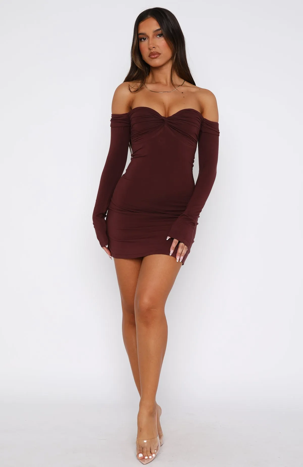 Regal Glow Utility Mode Running Out Of Time Off Shoulder Long Sleeve Mini Dress Chocolate
