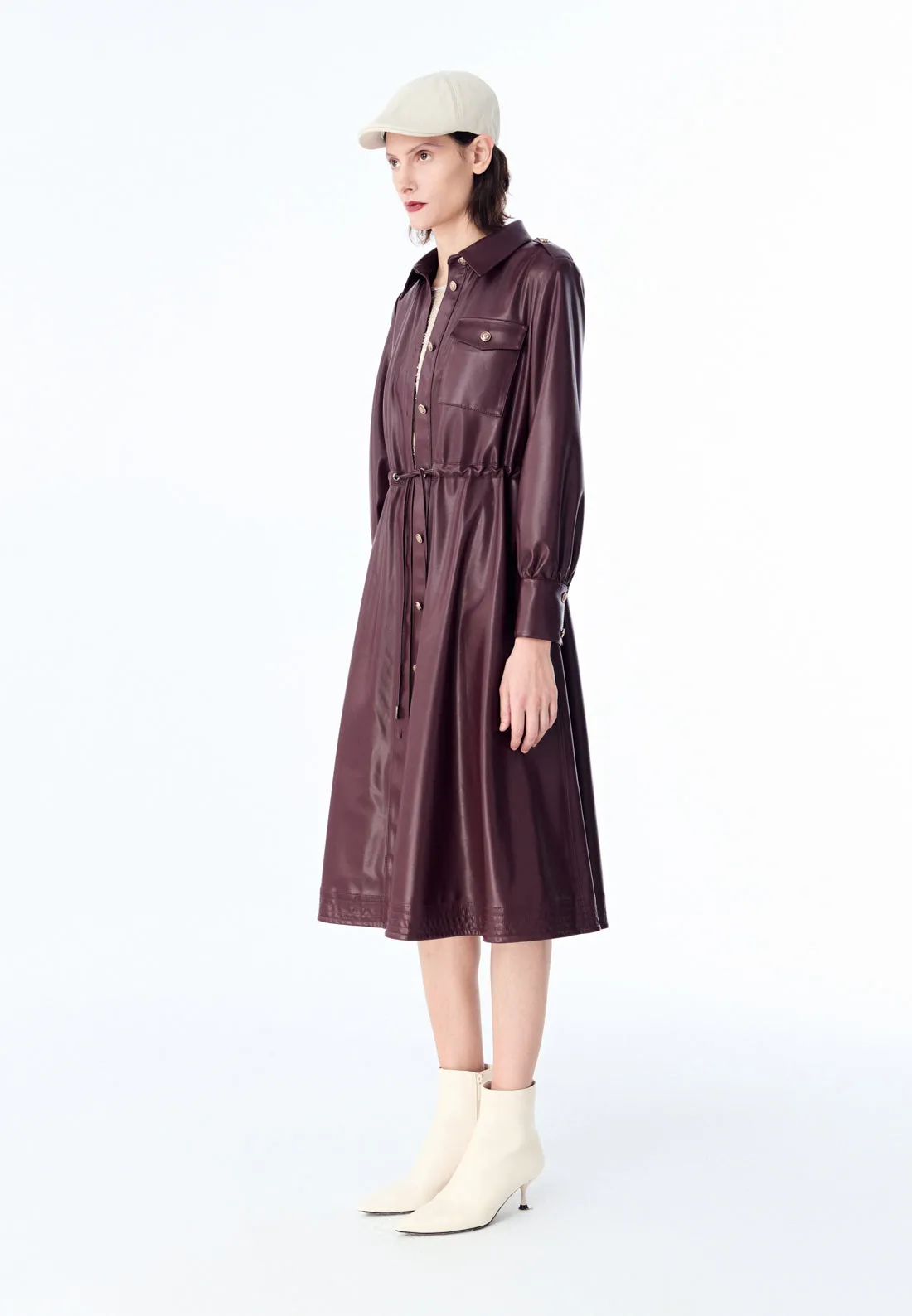 warm glow Motorcycle Dark Red Vegan Leather Coat Dress