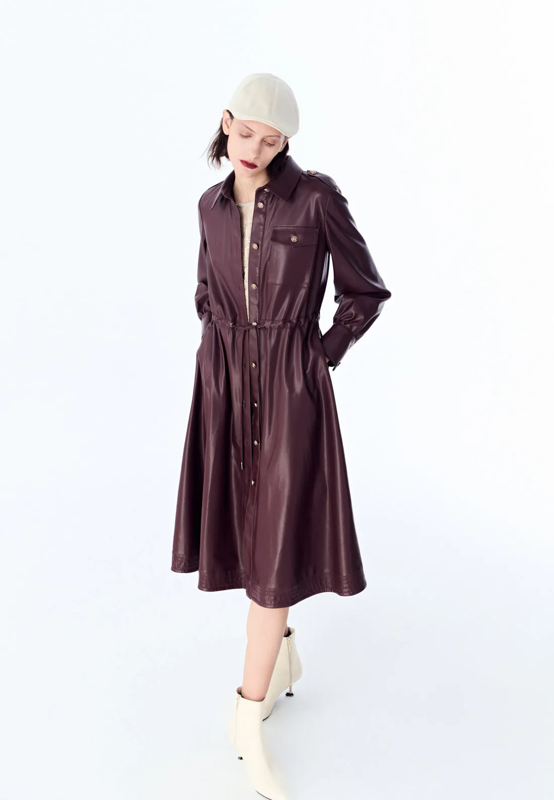 Stretch Fit AI Style Motorcycle Dark Red Vegan Leather Coat Dress