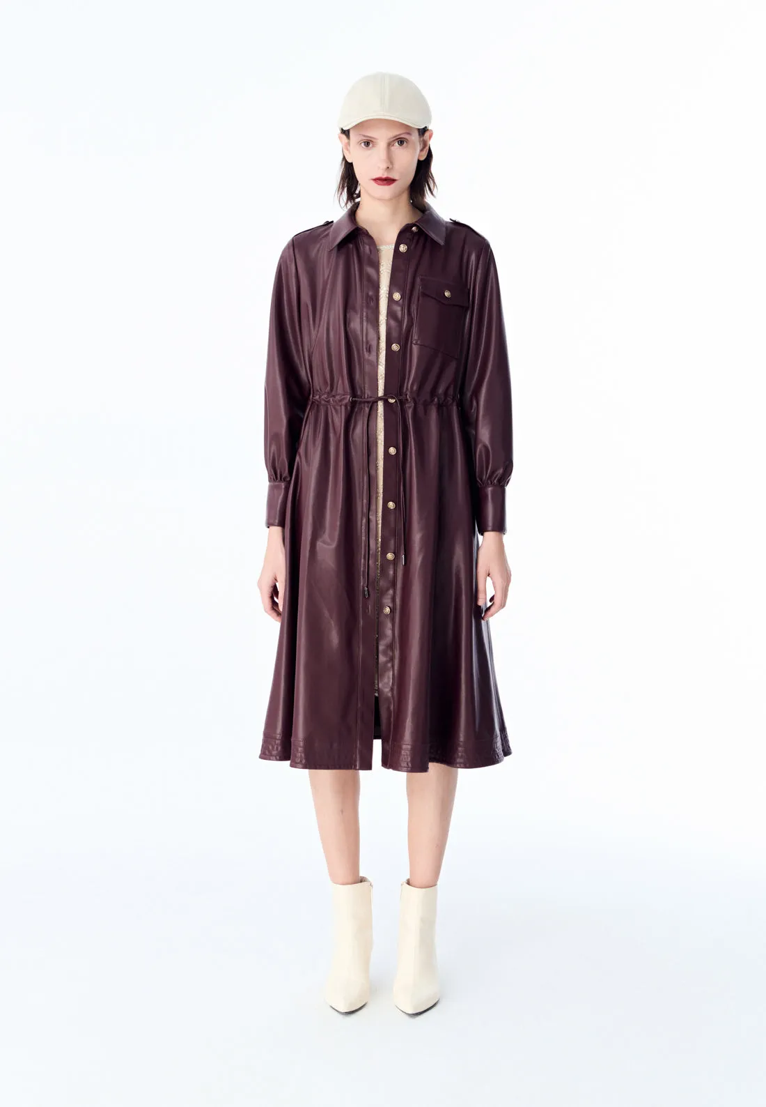 StretchFree Layer Light Motorcycle Dark Red Vegan Leather Coat Dress