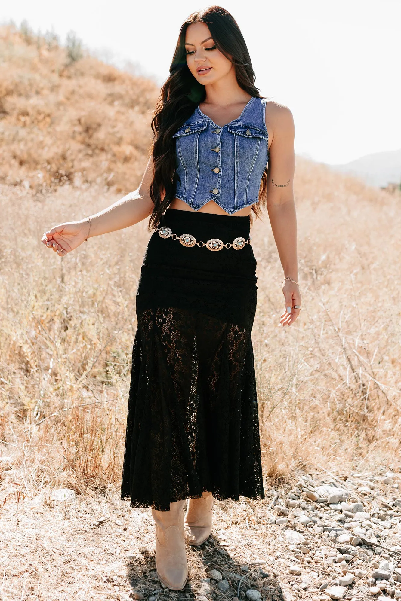 Clean Outfit Hard Launch Love Floral Lace Maxi Skirt (Black)