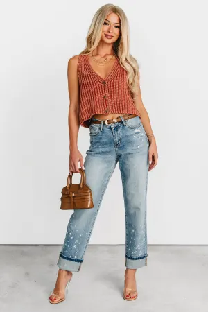 Shopping Day Vibrant Modern Textured Ginny Bleach Splatter Judy Blue Boyfriend Jeans (Medium)