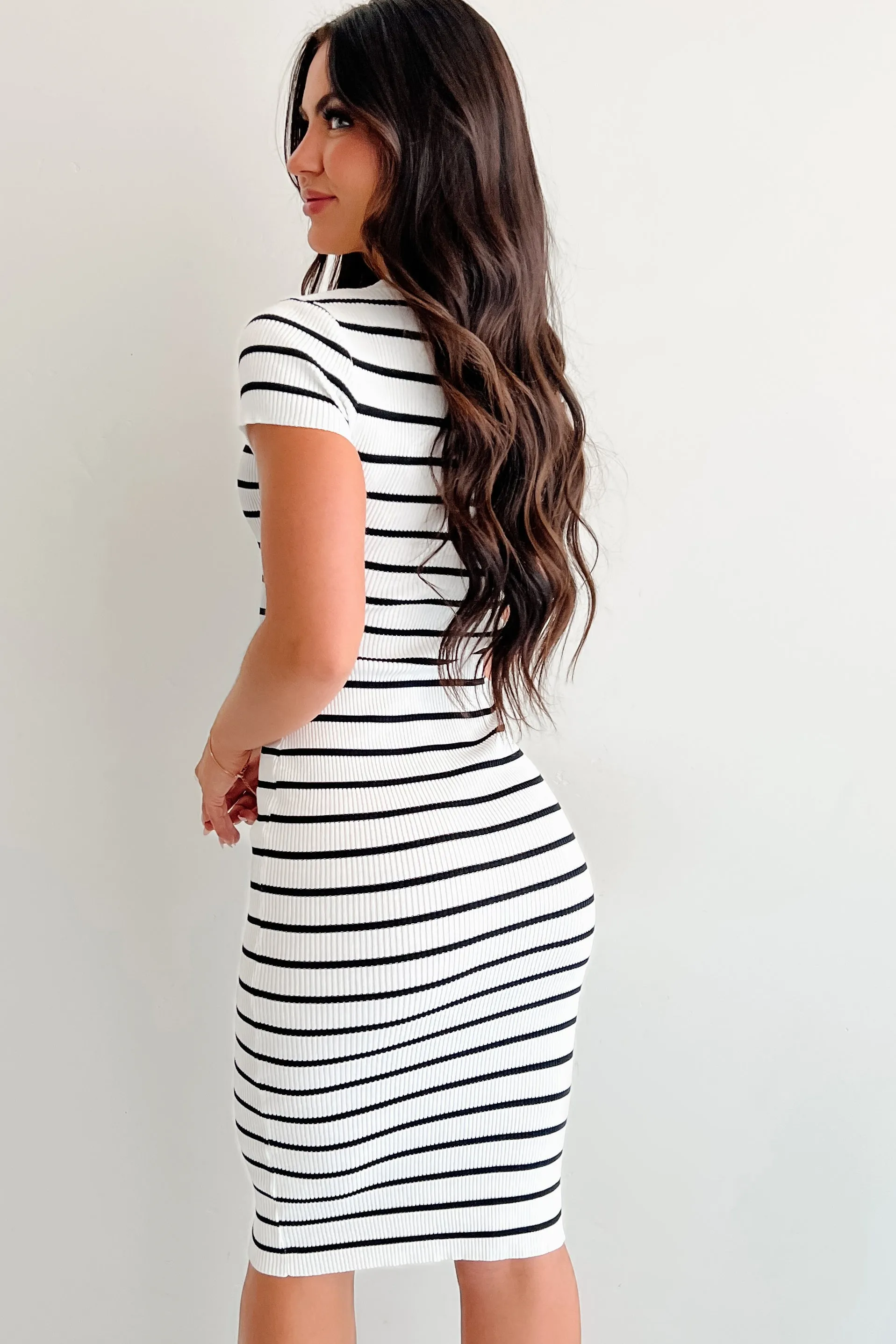 The Real Thing Striped Bodycon Midi Dress (White) Classic silhouette dress Light Dance