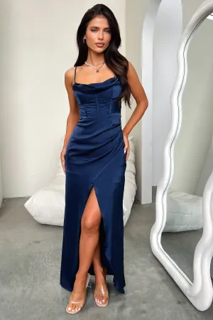 Orchid Glow Gray Mist Aiana Satin Maxi Dress - Navy