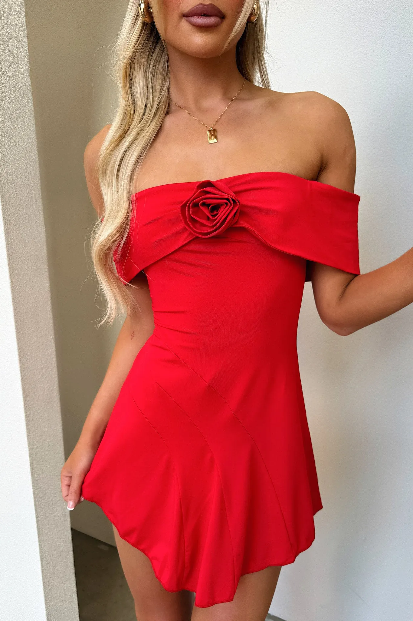 Kirsten Off Shoulder Mini Dress - Red Bright patterned mini for spring